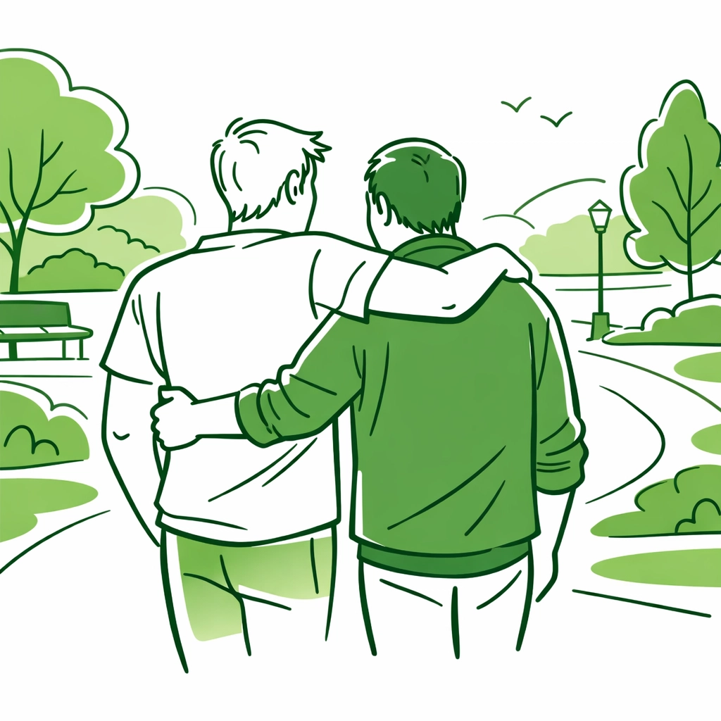 Illustration of two men walking together in support, representing the journey of queer identity.