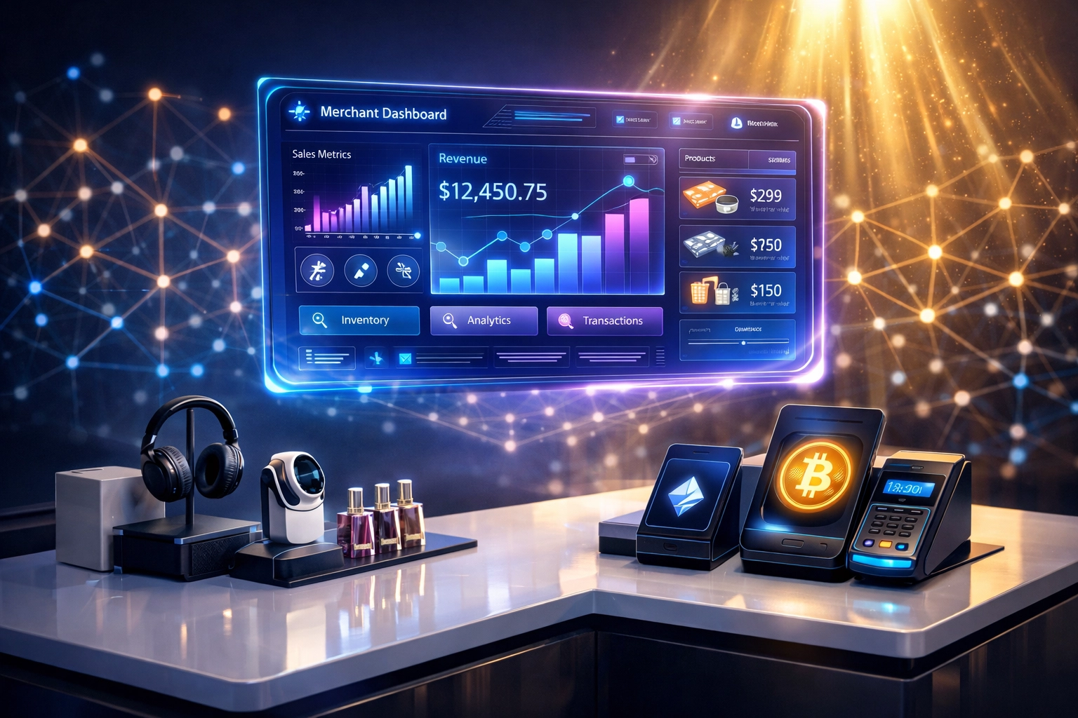 Futuristic merchant dashboard showing Larecoin crypto payment system with blockchain network