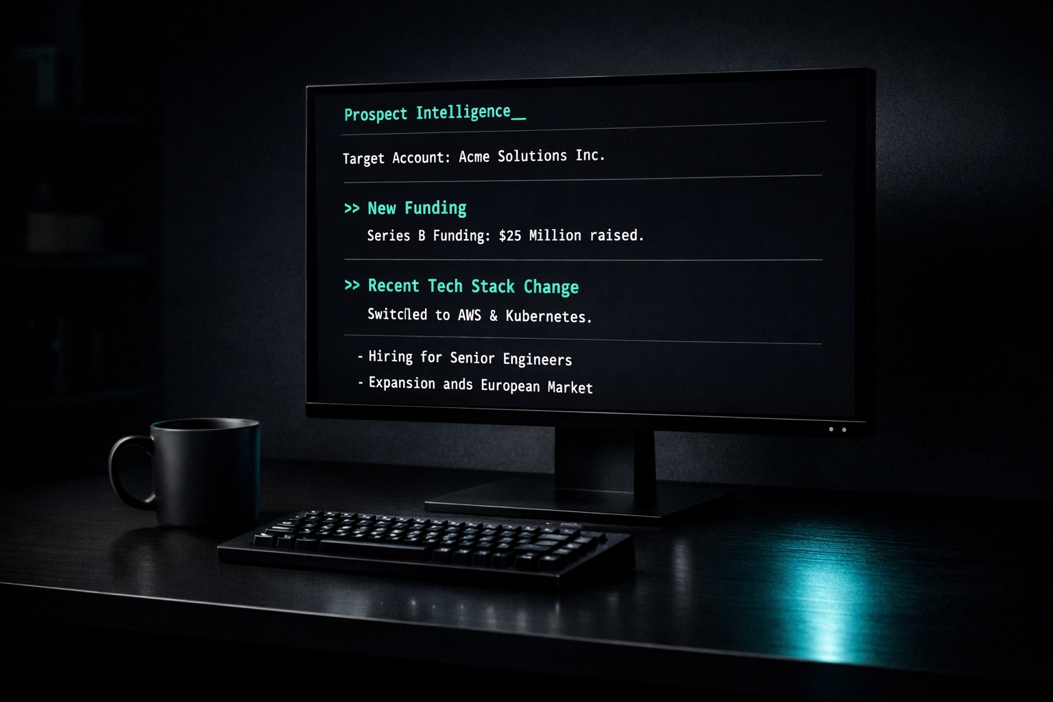 Prospect intelligence dashboard on a dark monitor showing research-backed outreach triggers for sales teams.