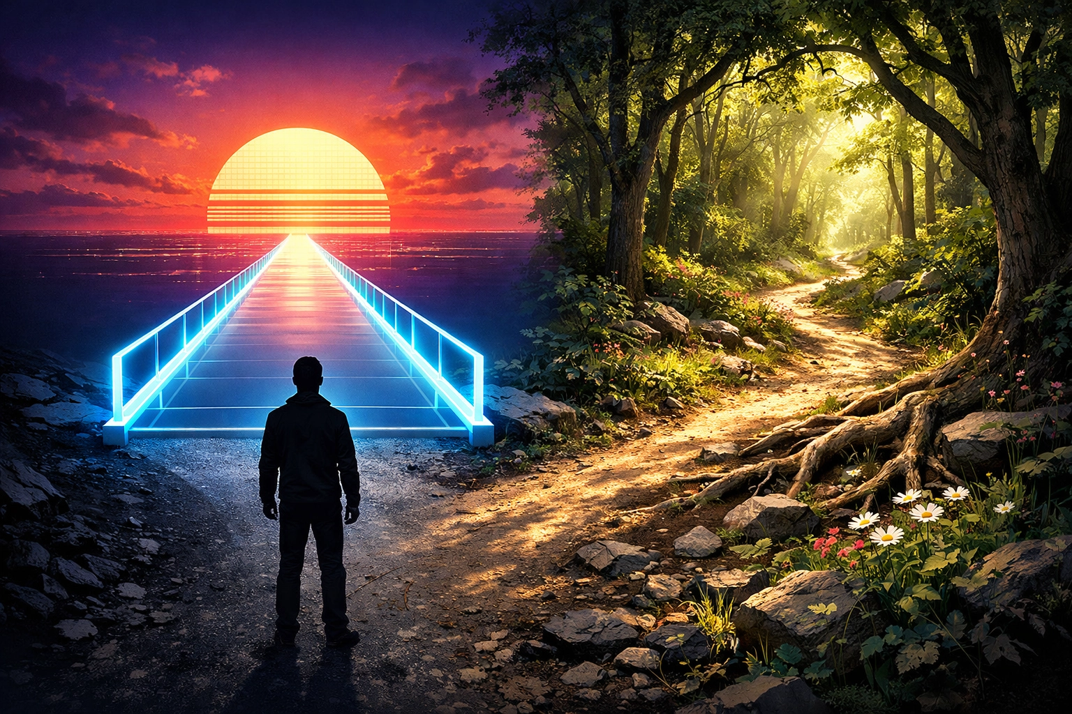 Conceptual illustration of a crossroads between a smooth digital bridge and a natural path of human relationships.