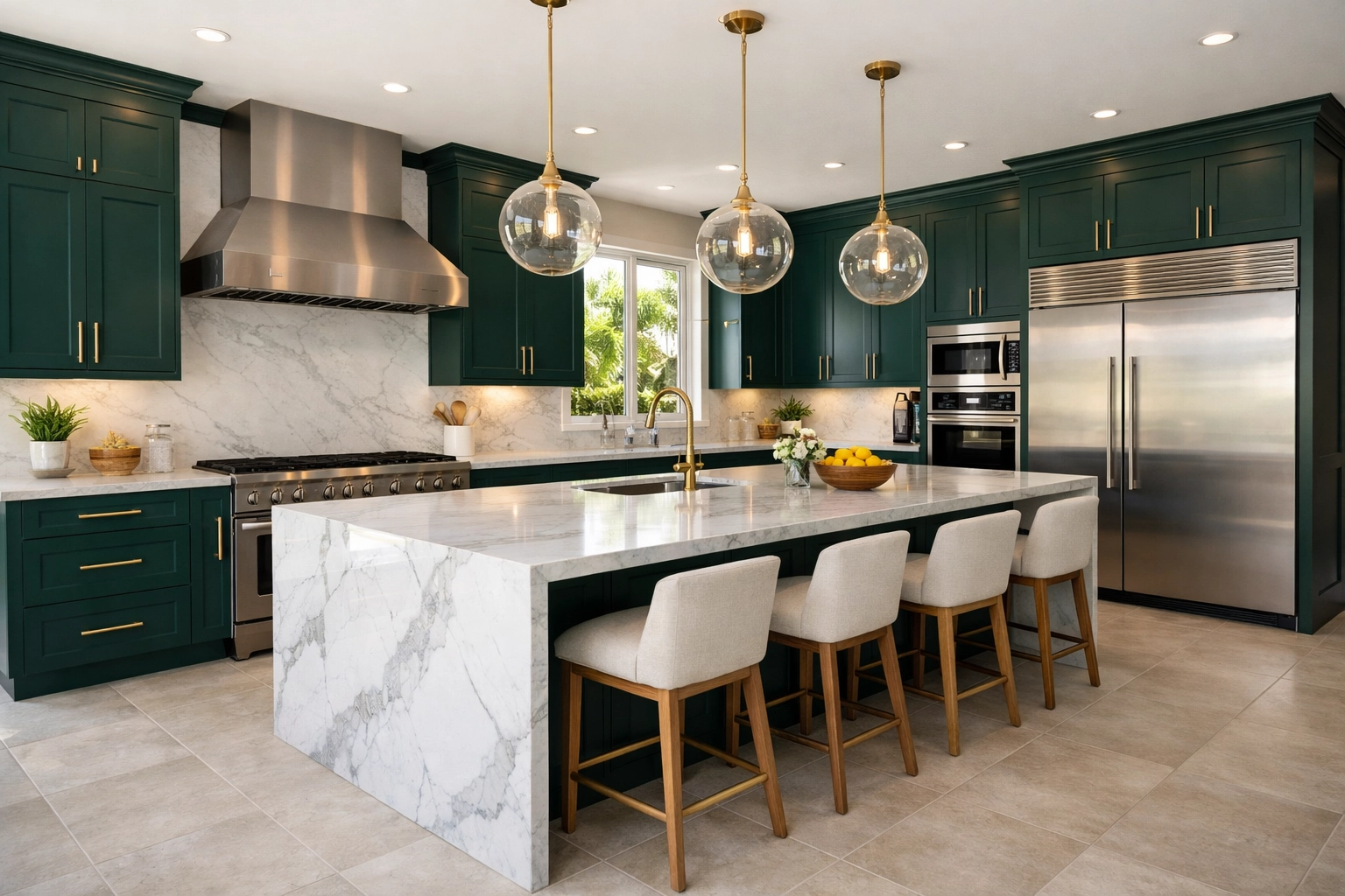 Modern kitchen remodeling Orlando featuring emerald green cabinets and marble waterfall island.