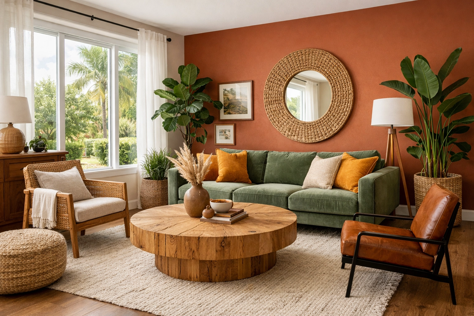 Modern Orlando living room with warm terracotta walls and sage green sofa showcasing nature-inspired design