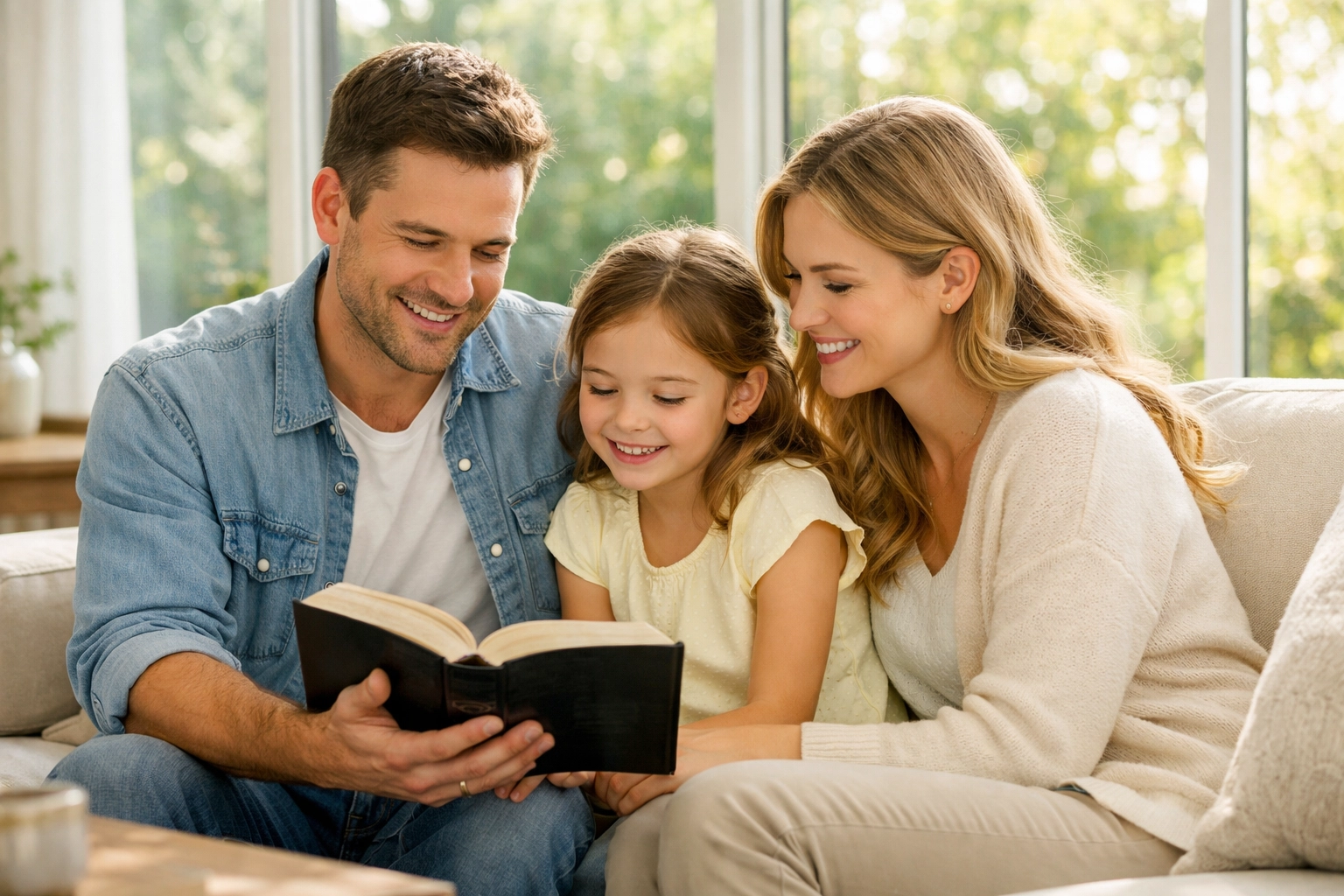 A Christian family reads the Bible together in a bright living room to grow in faith and spiritual life.