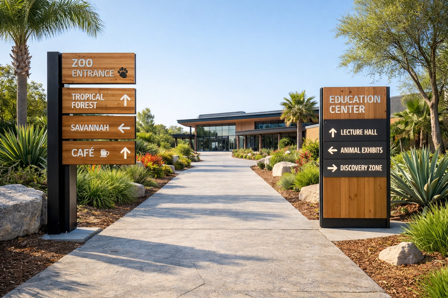 Modern zoo entrance and wayfinding signage illustrating a consistent visitor experience.