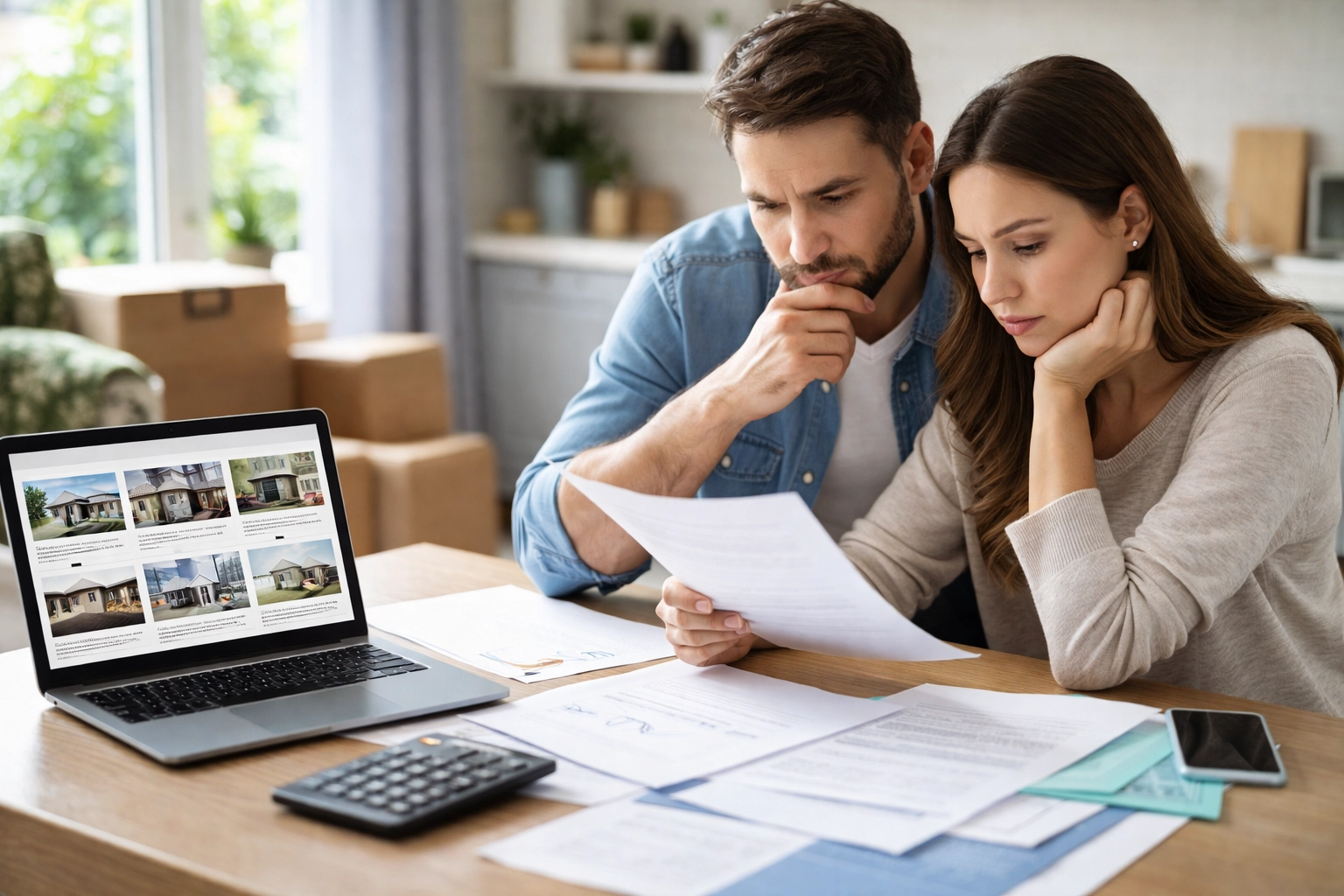 Homebuyers in a modern kitchen review property paperwork and listings, emphasising the importance of roof surveys before purchasing.
