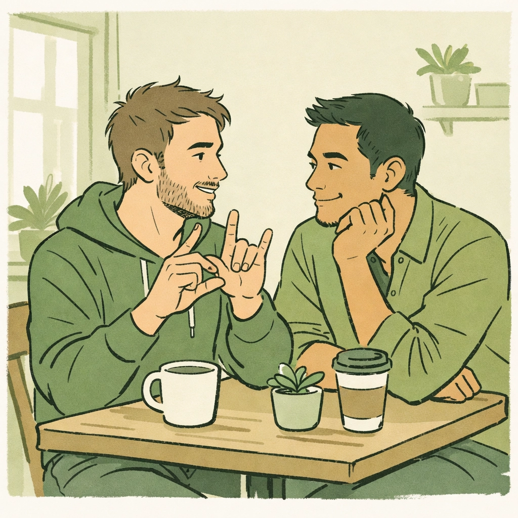 Gay couple communicating through ASL at coffee shop