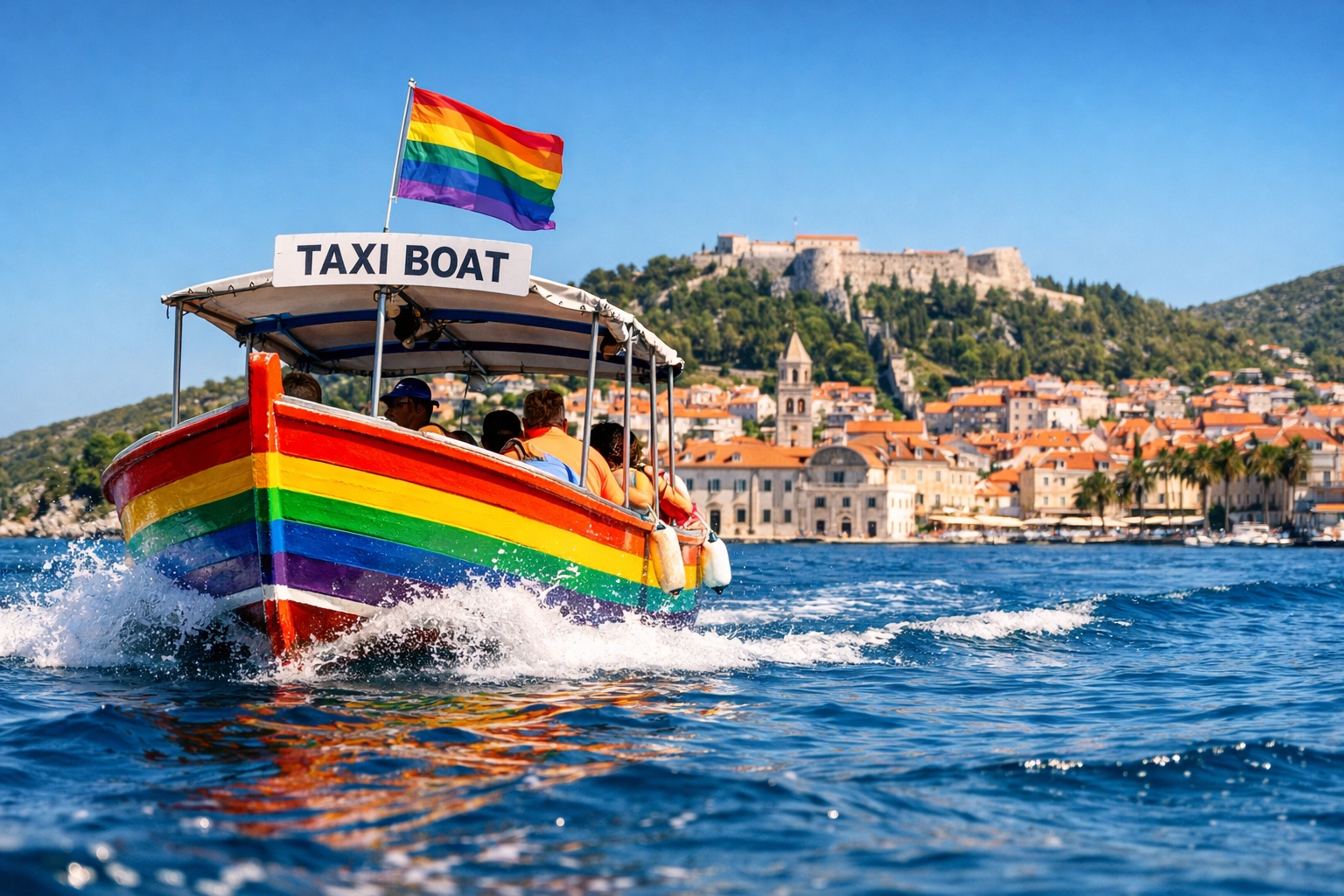 Taxi boat traveling from Hvar town to Jerolim Island Croatia