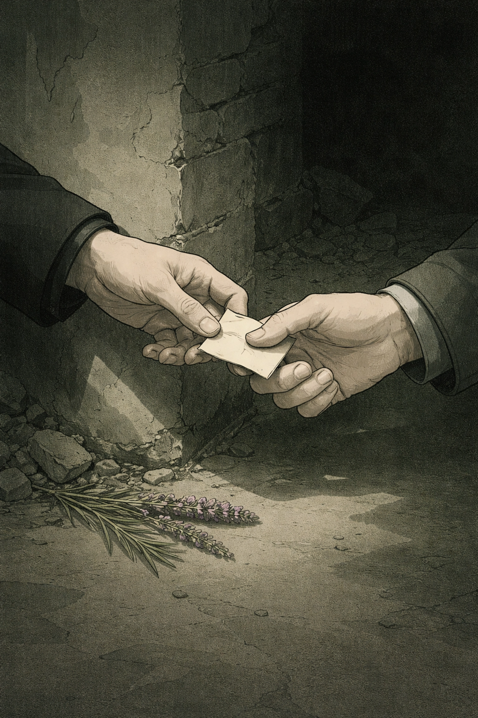 Close-up of two men's hands trading a secret note with lavender nearby, illustrating covert romance and hope in war-torn Berlin.