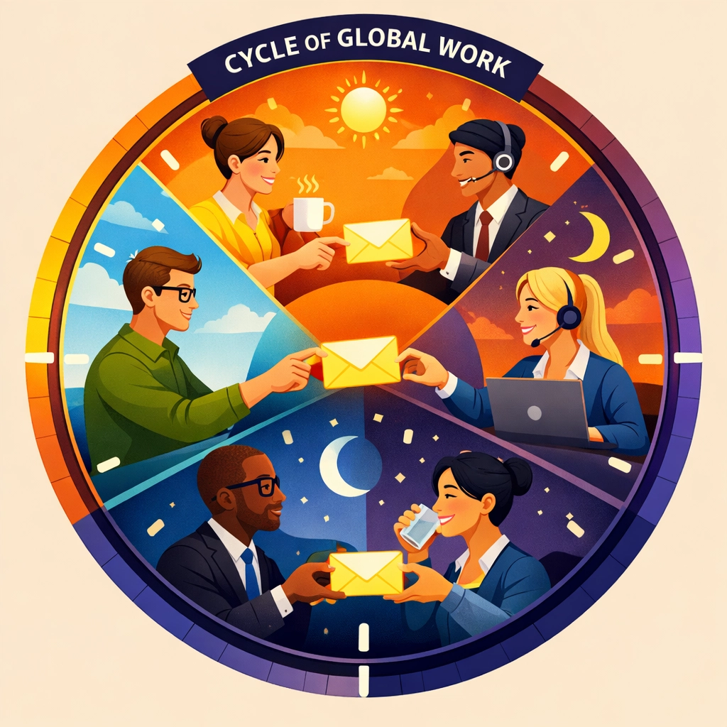 Global collaboration cycle showing team members working together across different international time zones.