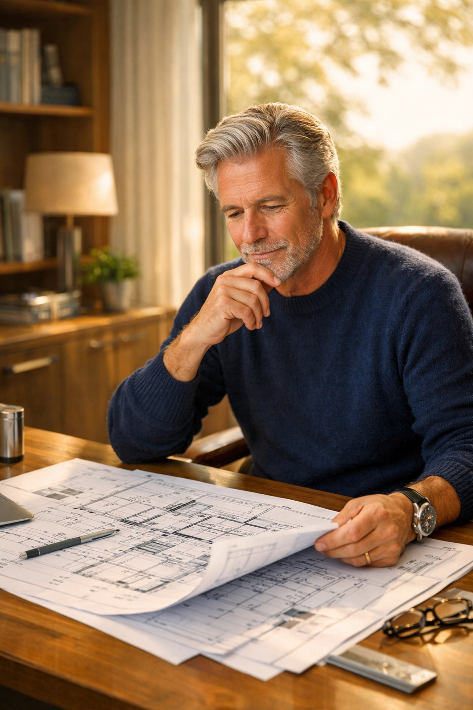 Retiree in home office reviewing financial blueprints for a secure, engineered retirement strategy.
