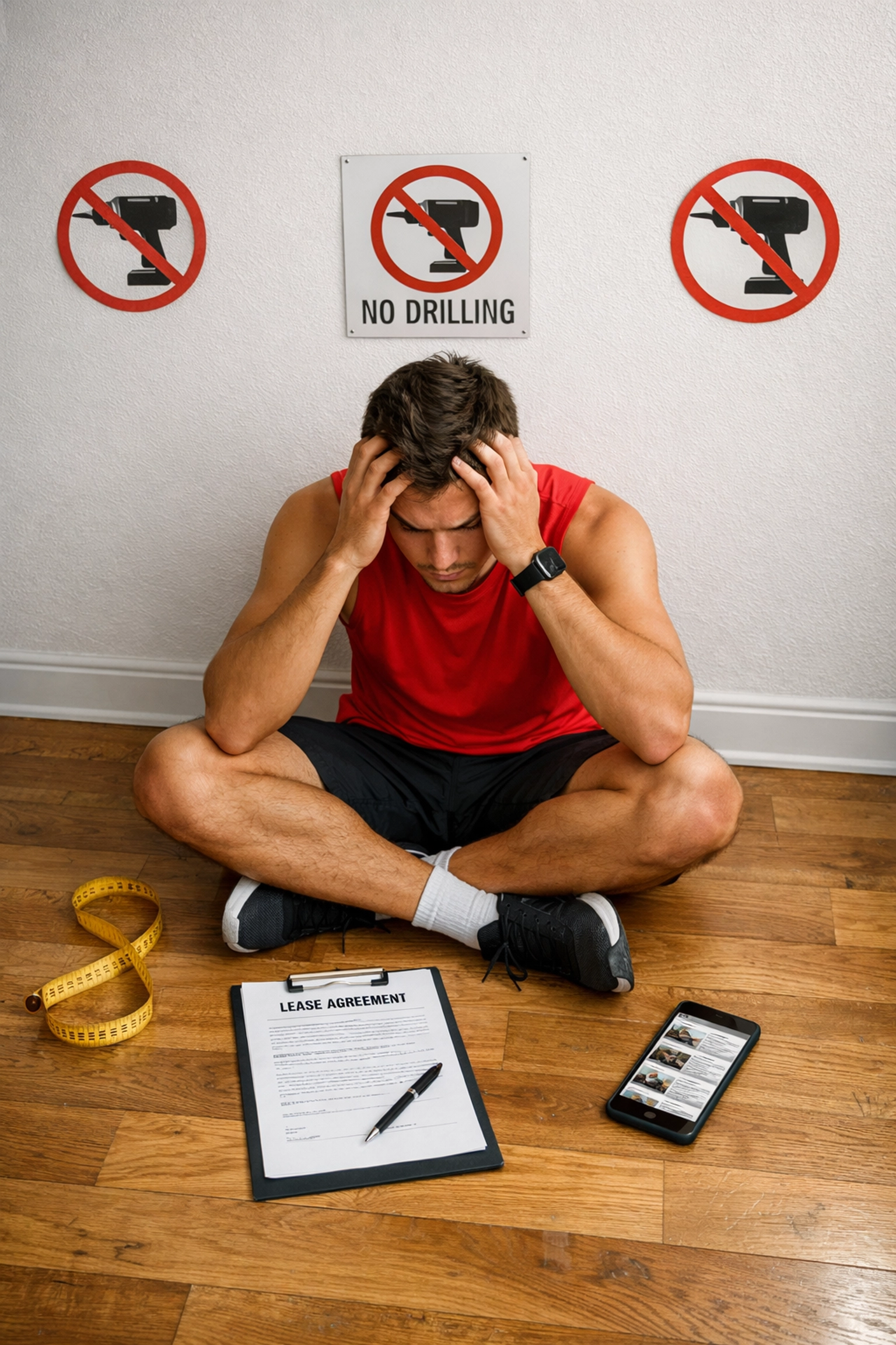 Renter planning CrossFit home gym with lease agreement and measuring tape on apartment floor
