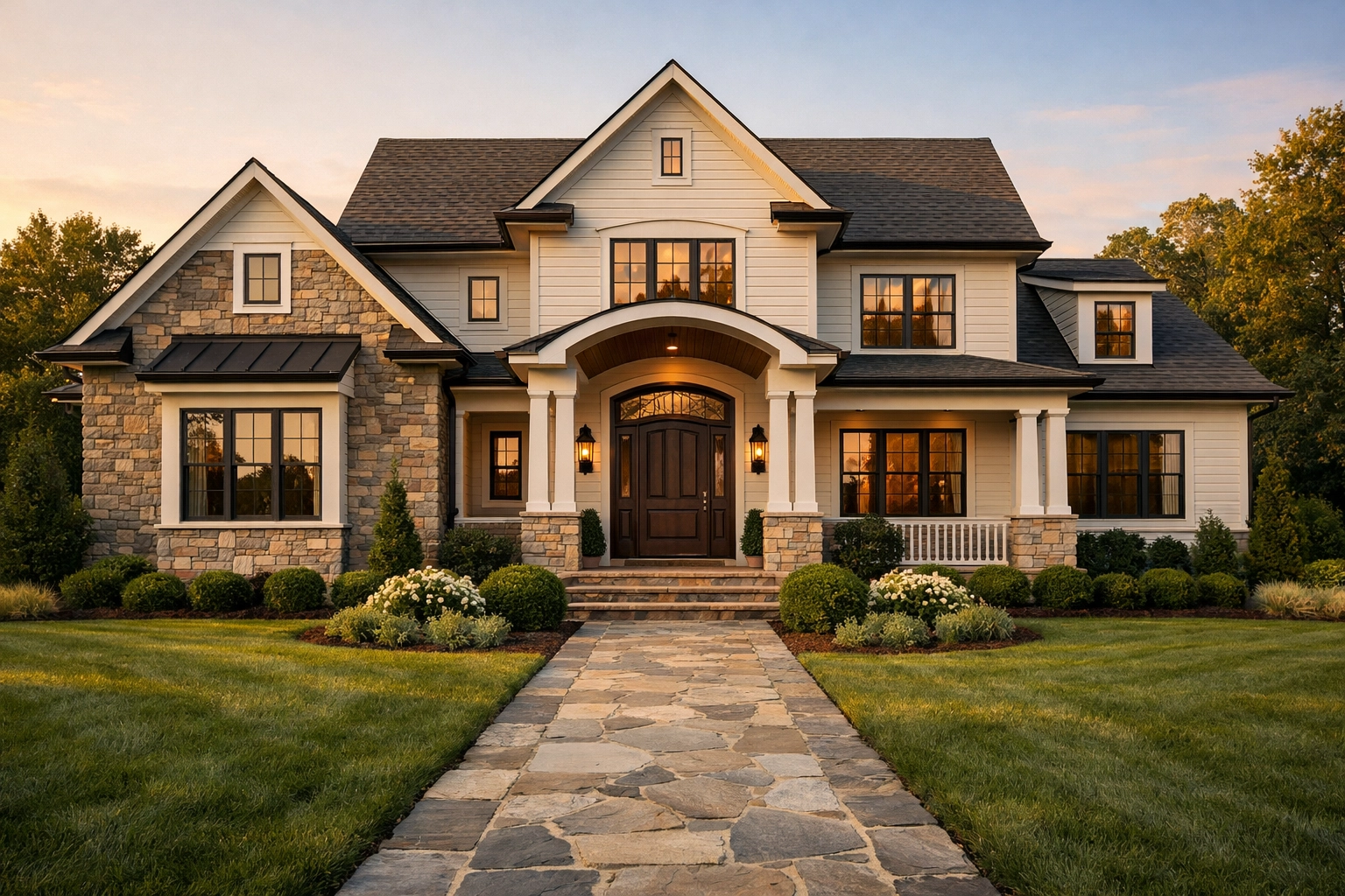 A luxurious home in a North Carolina suburb during golden hour, highlighting high-market sale potential.
