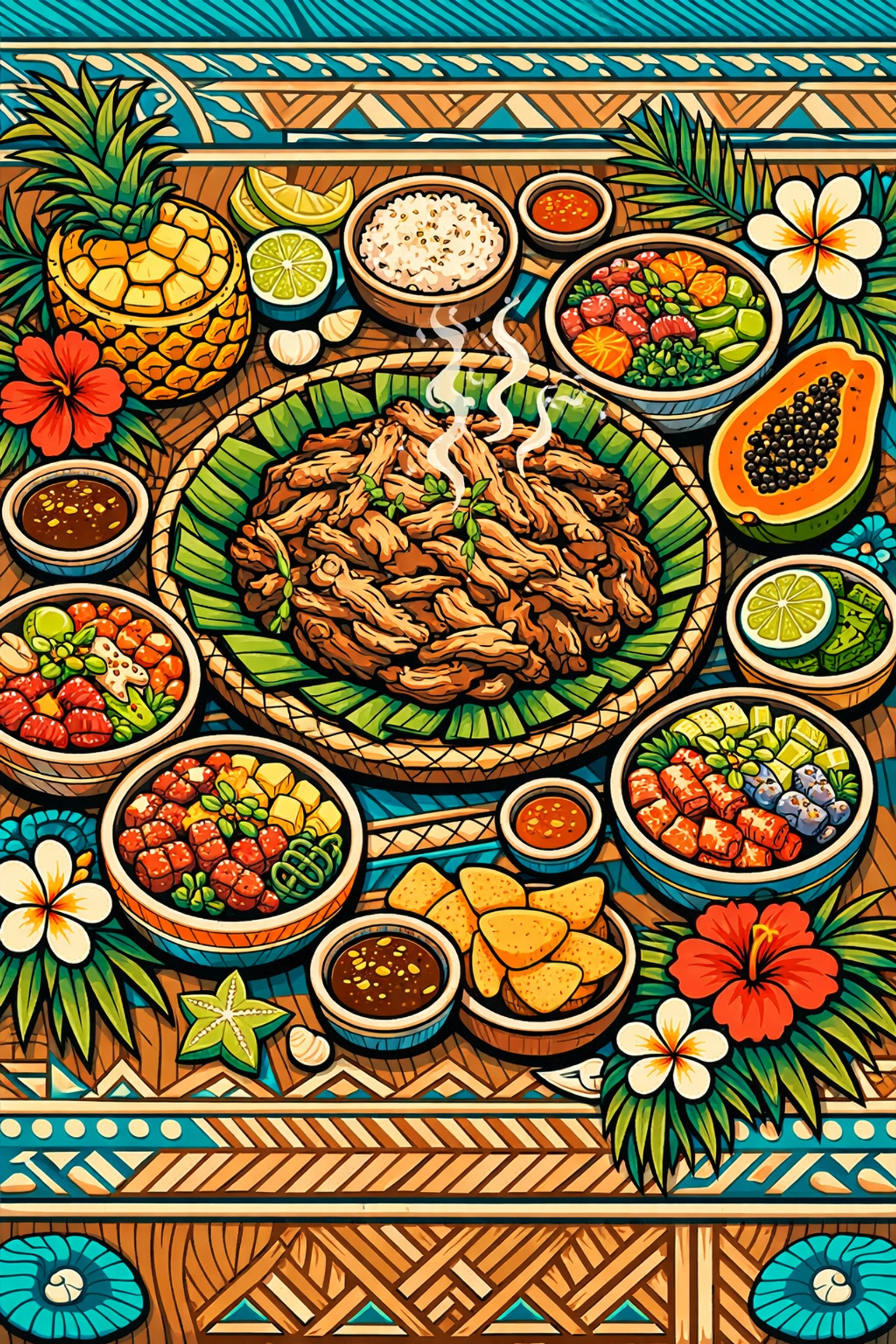 Vibrant Pacific Islander food spread with Kalua pig and poke bowls at Talofa Fest 2026.