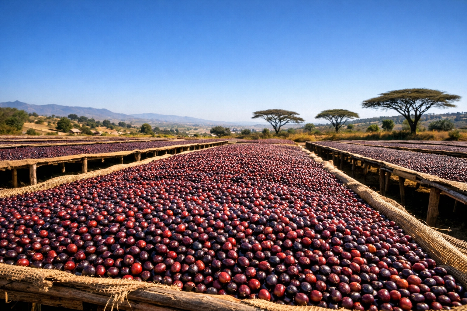 Natural coffee cherries drying on elevated wooden beds in the Ethiopian highlands.