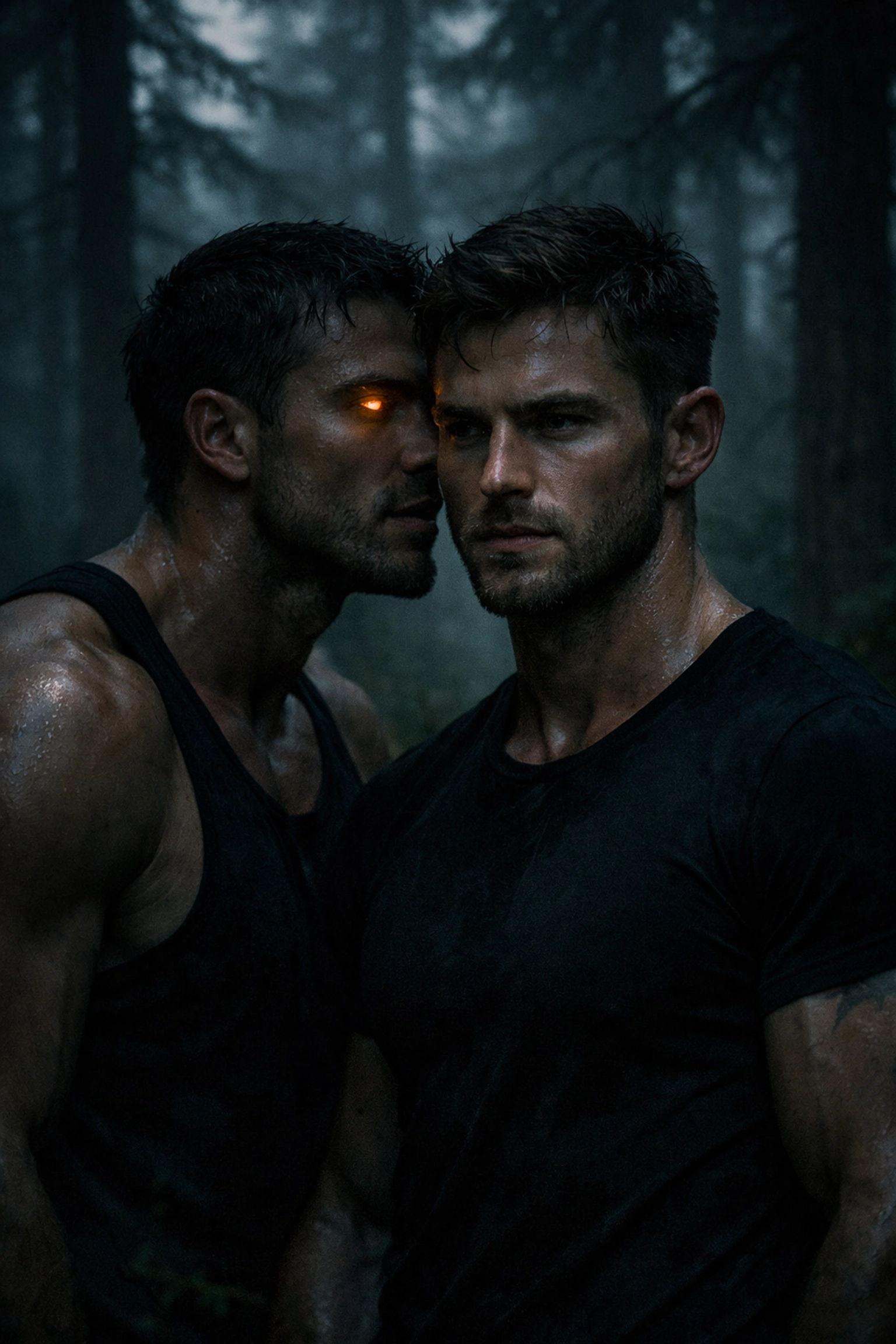 Two men in a misty forest showing the primal connection and amber eyes of an MM shifter romance.