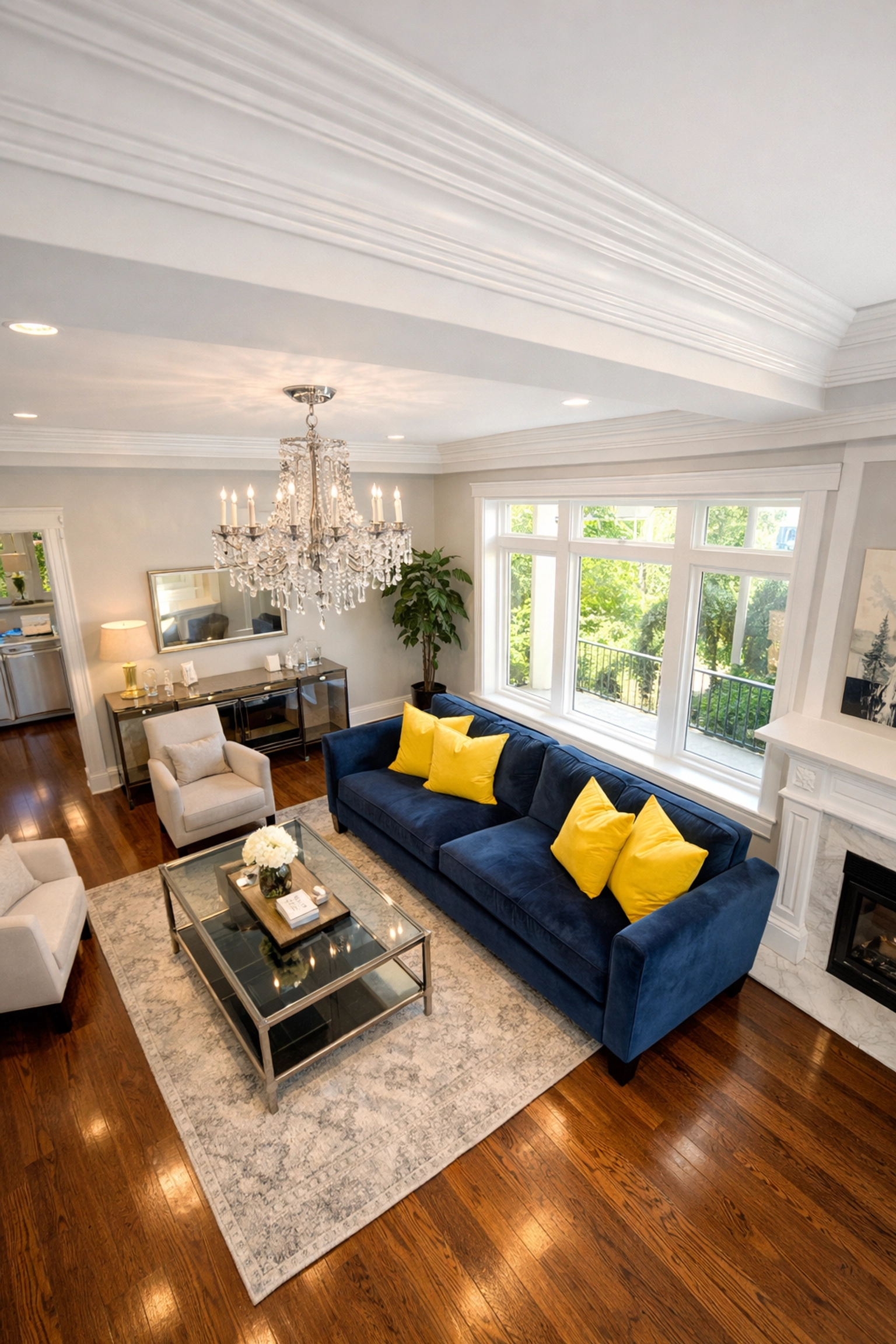 Detailed deep cleaning in Lincoln home featuring immaculate baseboards and dusted crown molding in a living room.