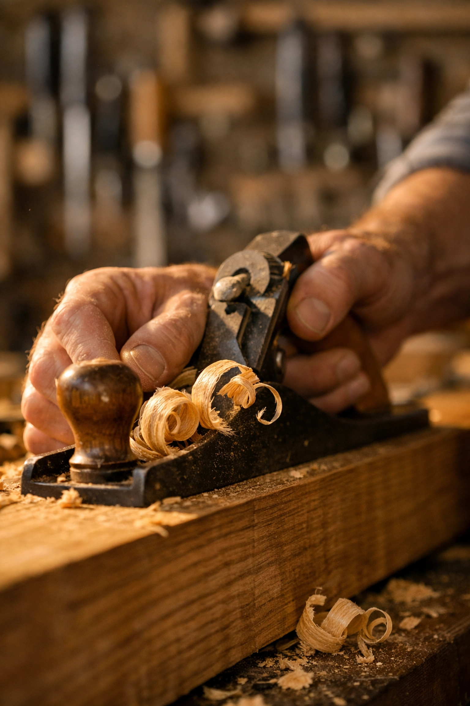 Expert carpenter crafting a bespoke oak kitchen island with precision woodworking tools.