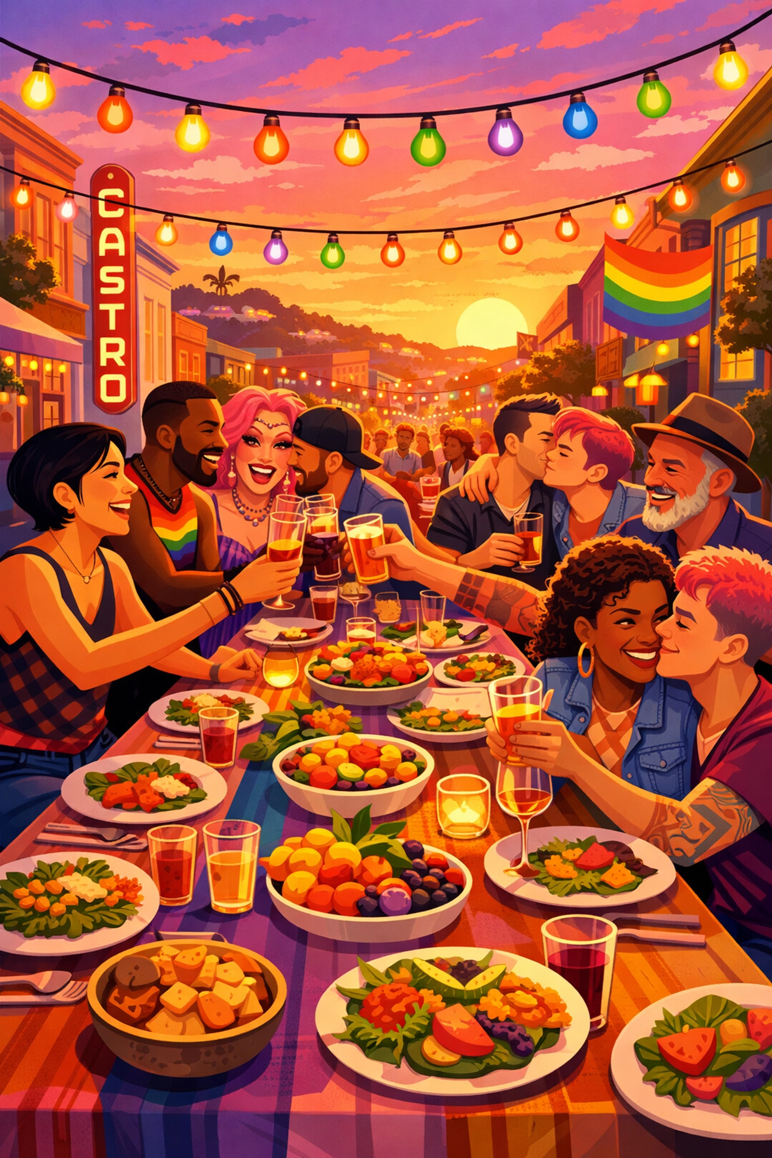 LGBTQ+ chosen family celebrating Valentine's Day at communal dinner table in Castro San Francisco