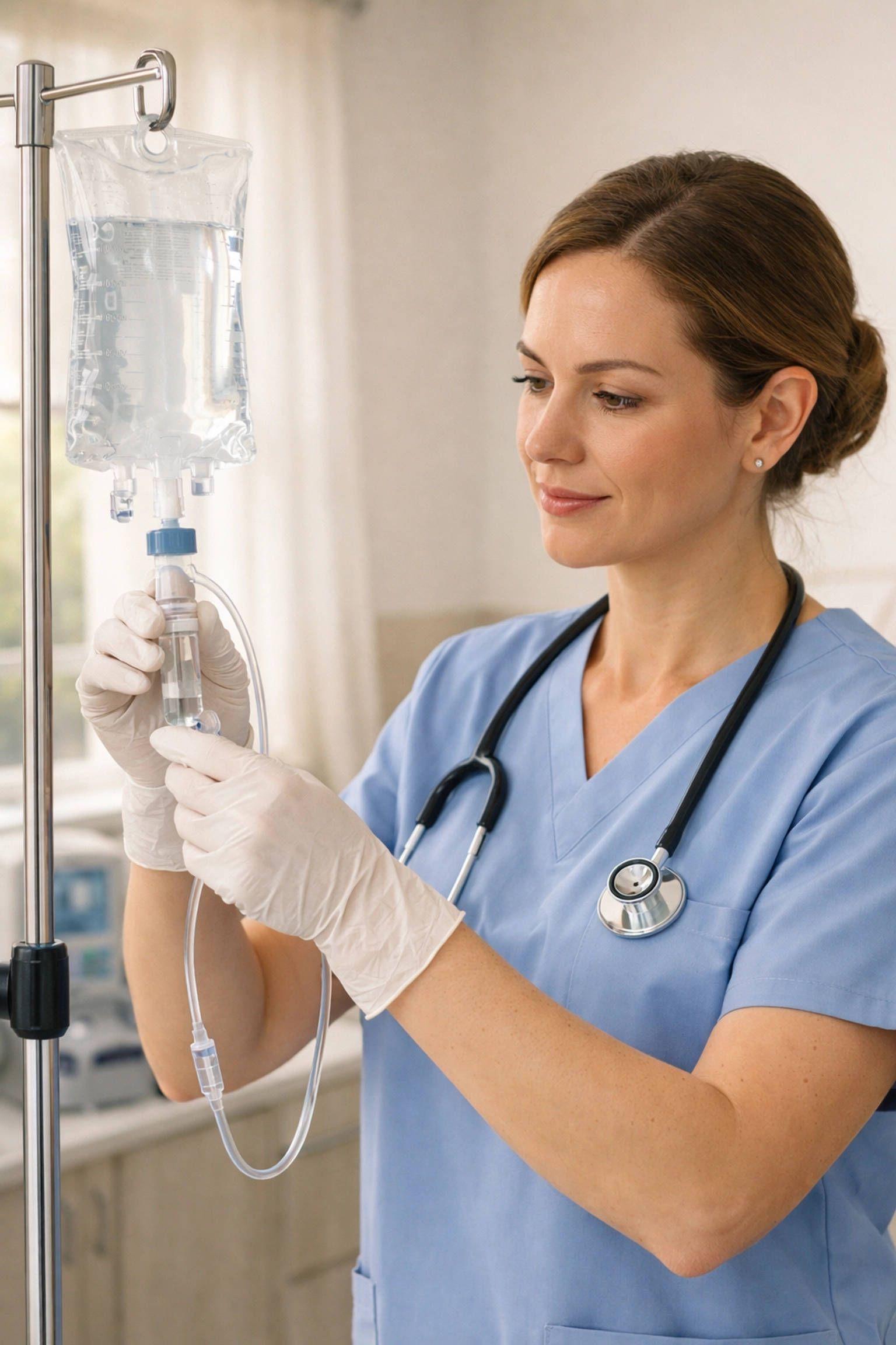 Medical professional preparing IV therapy bag in clinical wellness setting