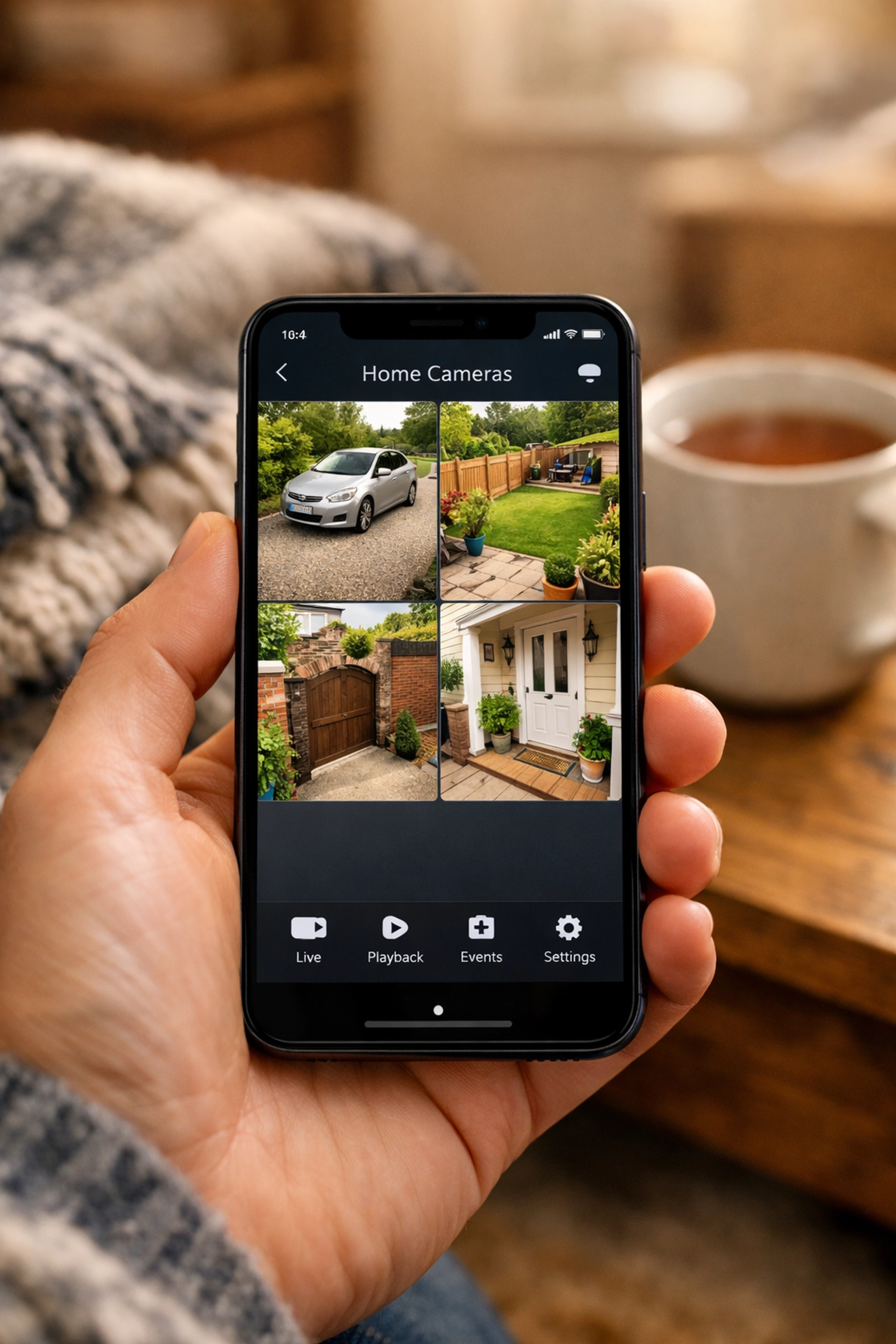 Monitoring a home CCTV system via a smartphone app in a comfortable UK living room.