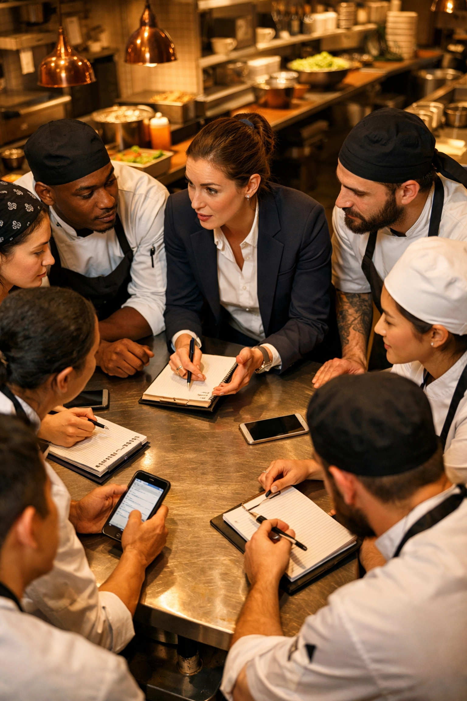 Restaurant manager coordinating with staff team during disaster recovery planning