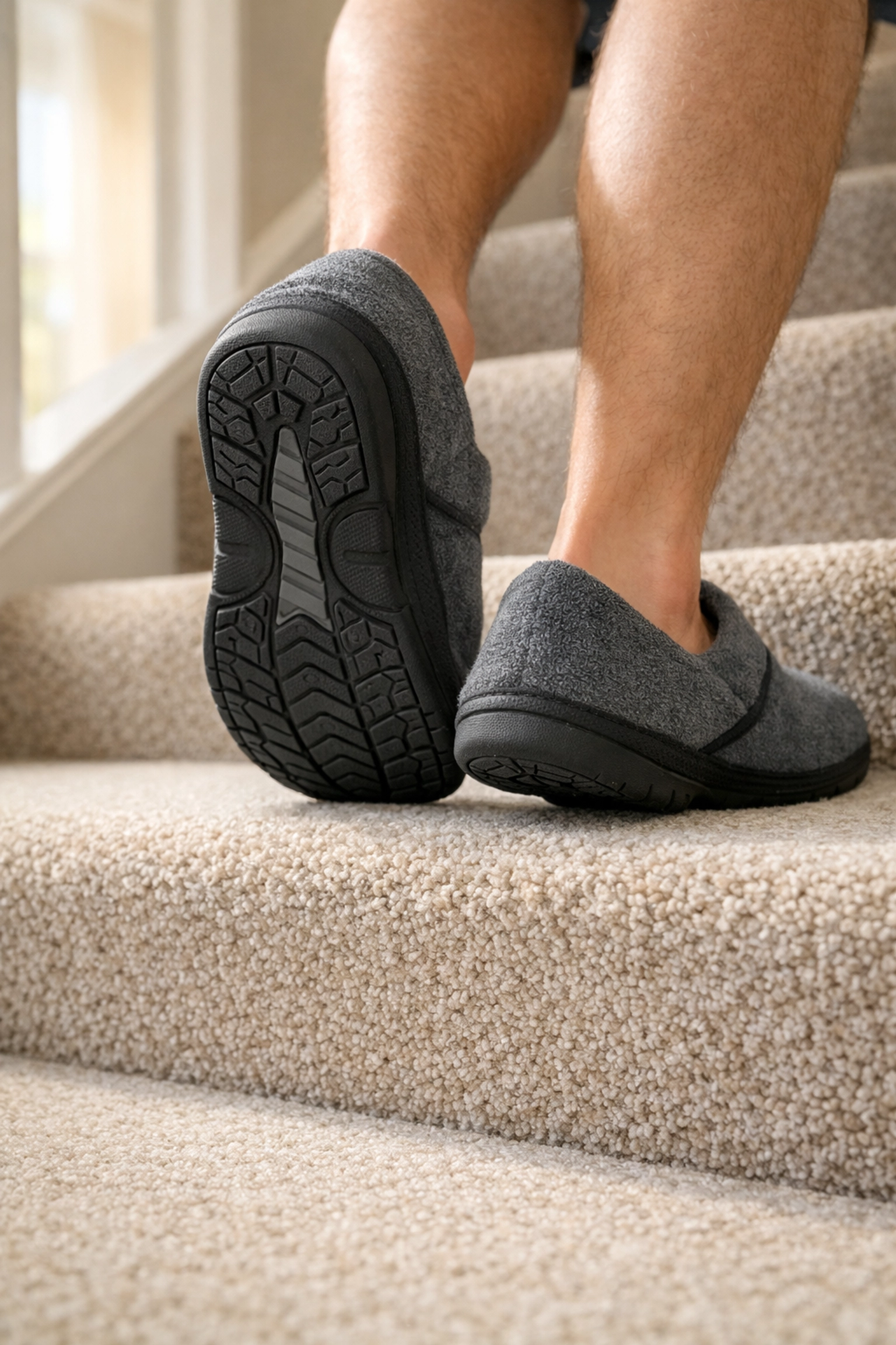 Close-up of a person wearing non-slip slippers walking safely on a well-maintained, trip-free carpeted staircase.