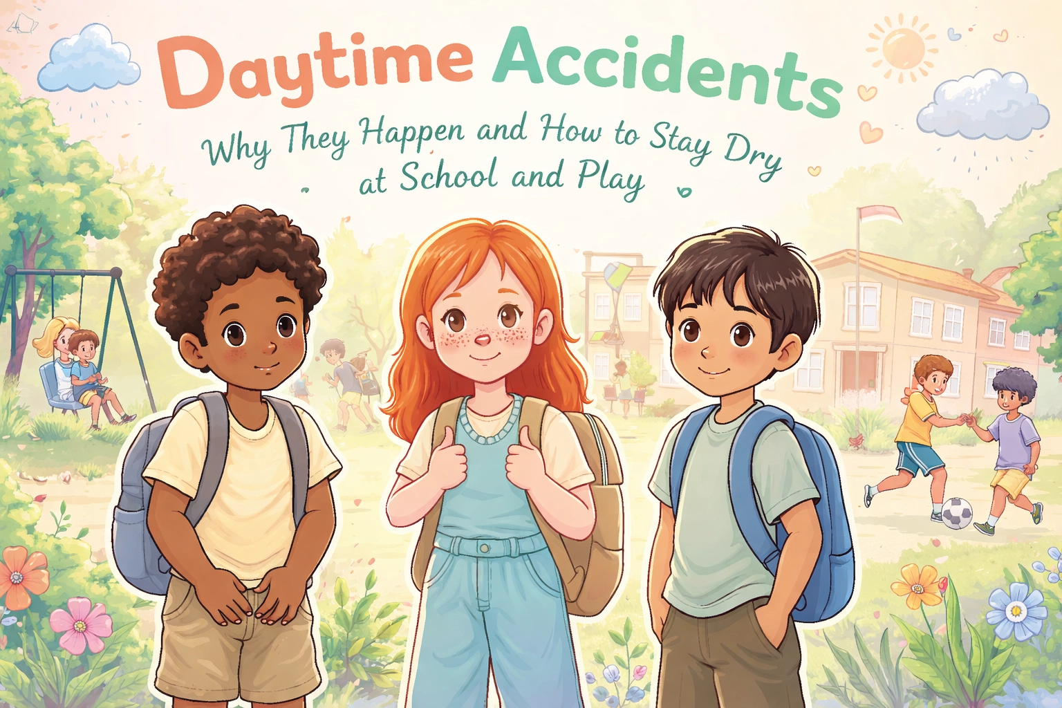 Illustrated cover titled “Daytime Accidents: Why They Happen and How to Stay Dry at School and Play.” Three smiling children with backpacks stand together outdoors in a schoolyard setting. Other children are shown playing in the background on swings and with a soccer ball. Soft clouds, sunshine, flowers, and heart icons create a reassuring, supportive atmosphere that normalizes daytime bladder challenges and promotes confidence, learning, and play.