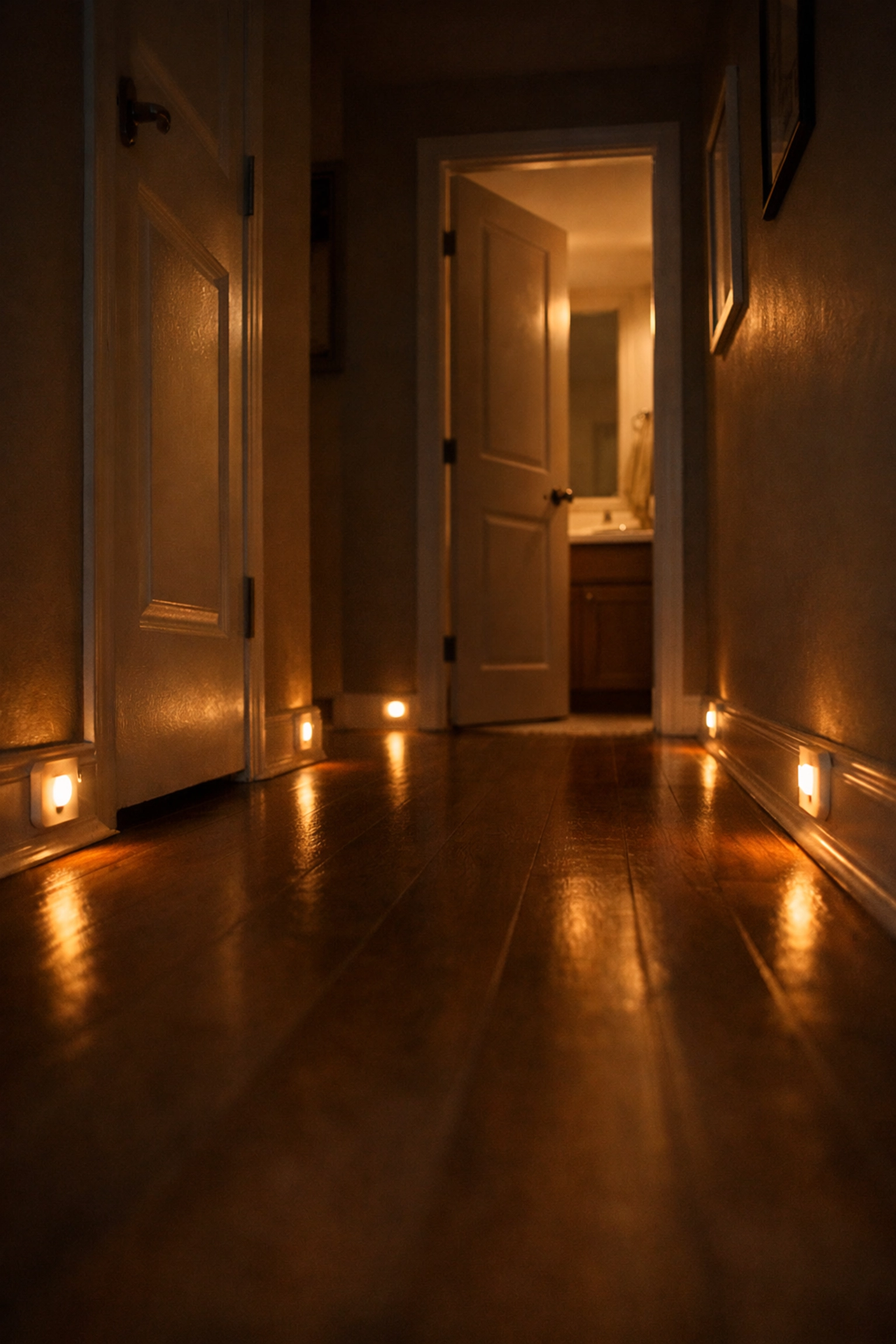 Motion-sensor night lights illuminating hallway for senior nighttime safety and fall prevention