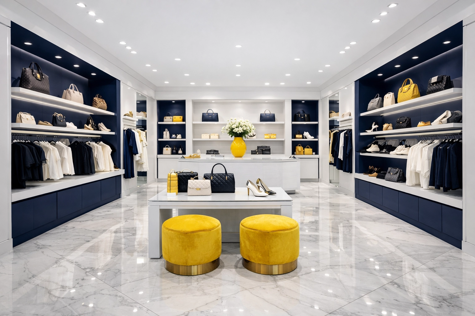Pristine luxury boutique interior in Leominster with polished marble floors showing professional retail cleaning.