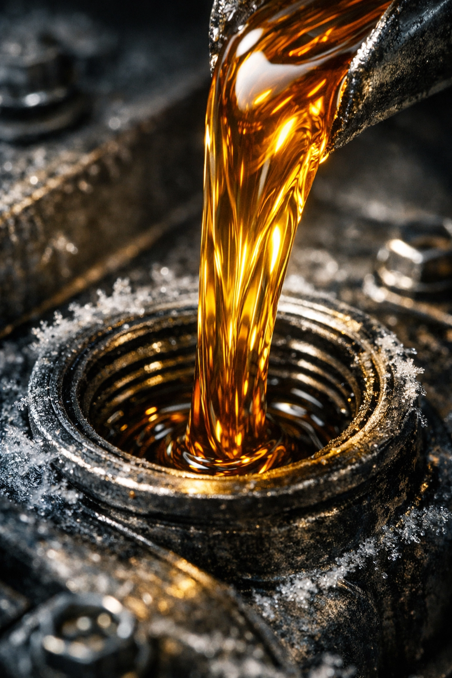 Fresh amber engine oil being poured into a car engine to ensure peak performance and vehicle longevity.