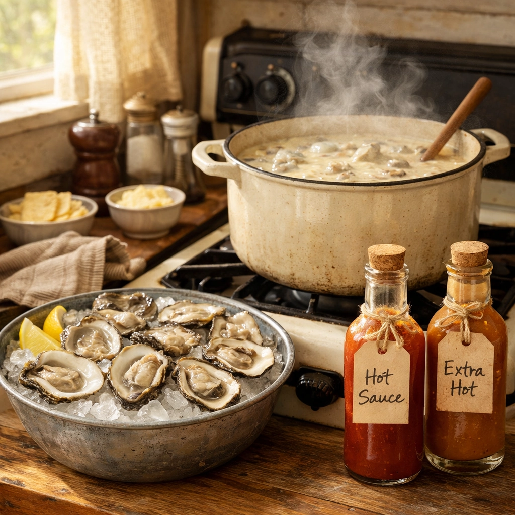 Fresh oysters and housemade hot sauce bottles on kitchen counter with steaming pot of oyster stew