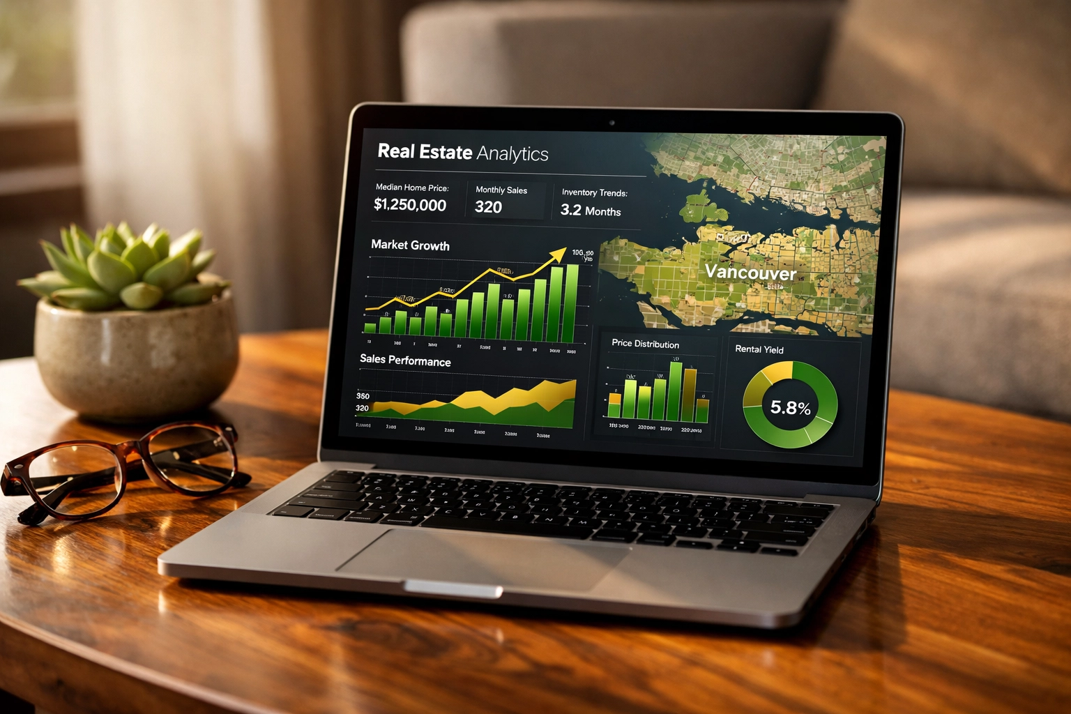 Laptop showing real-estate analytics and dynamic pricing growth for a Vancouver Airbnb property investment.