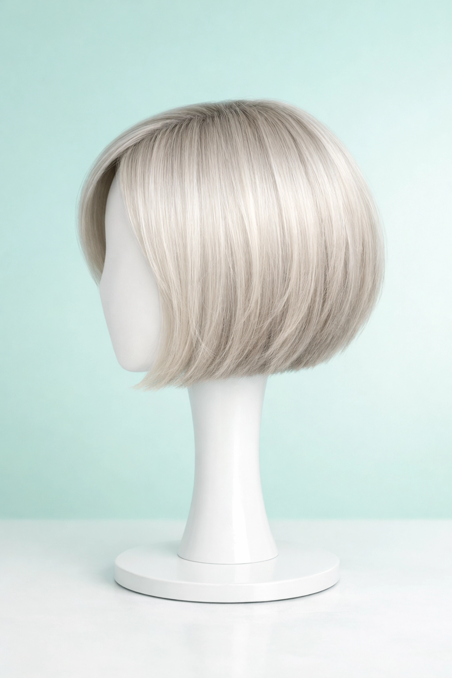 A silver-blonde bob wig air drying on a stand, part of how to take care of a synthetic wig.