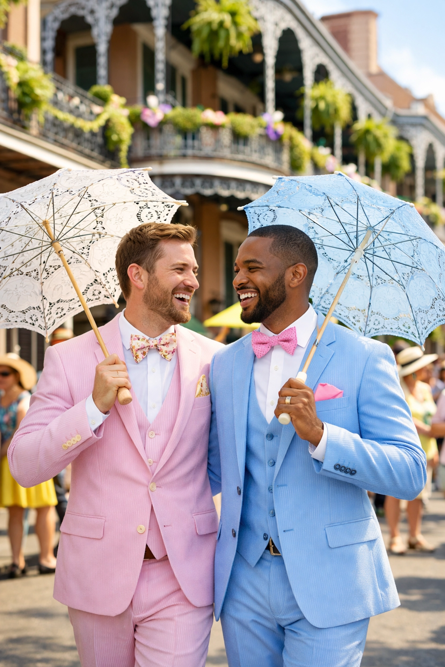 Two dapper gay men in seersucker suits at the New Orleans Gay Easter Parade in the French Quarter.