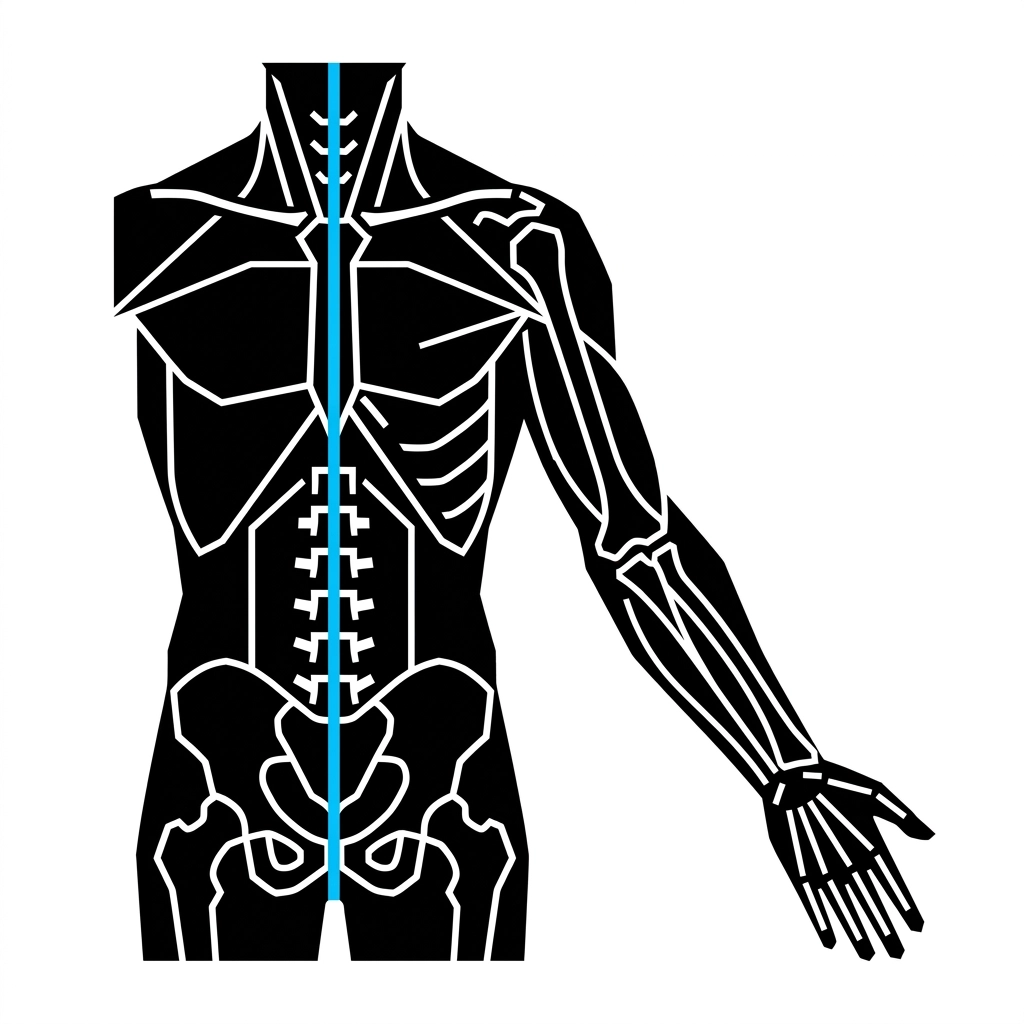 Minimalist, iconographic representation of human anatomy and flow. Bold black silhouettes of a torso or arm with clean, geometric white lines indicating composition and artistic direction. Pure white background. One bright blue accent line representing a structural axis.
