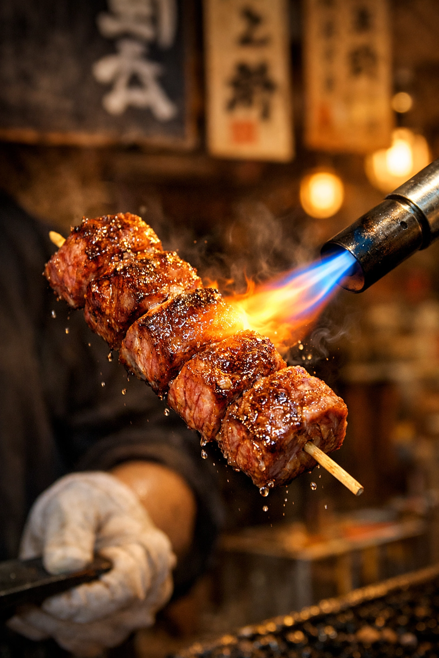 A street vendor torch-grilling an A5 Wagyu beef skewer at Tsukiji Outer Market in Tokyo.