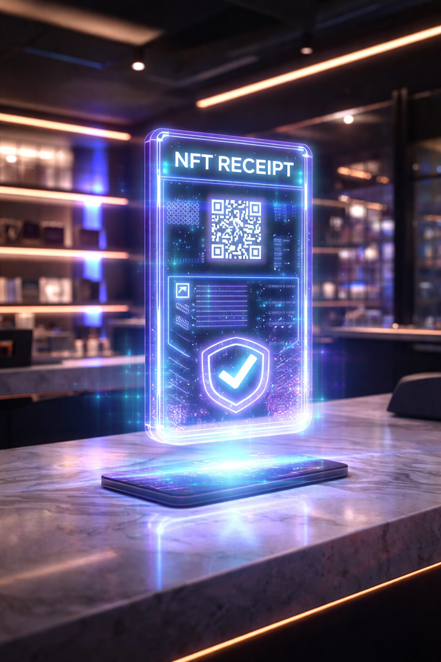 Holographic NFT receipt above a modern retail counter, showcasing digital proof of crypto payments and blockchain transaction security.