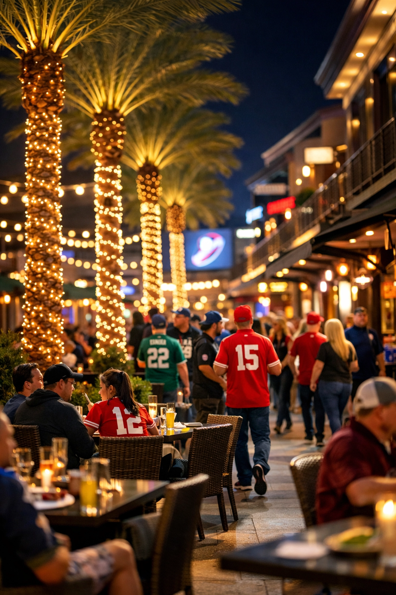Sports fans at Santana Row in San Jose, a strategic perimeter location for Super Bowl week brand campaigns.