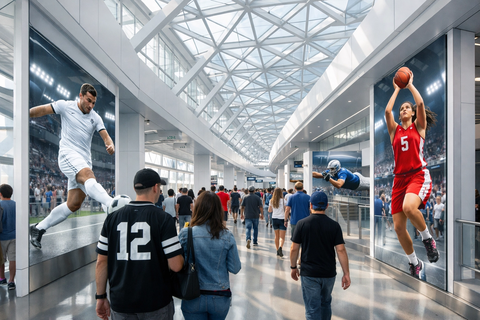 Next-generation stadium concourse with immersive digital displays for futuristic sports marketing.
