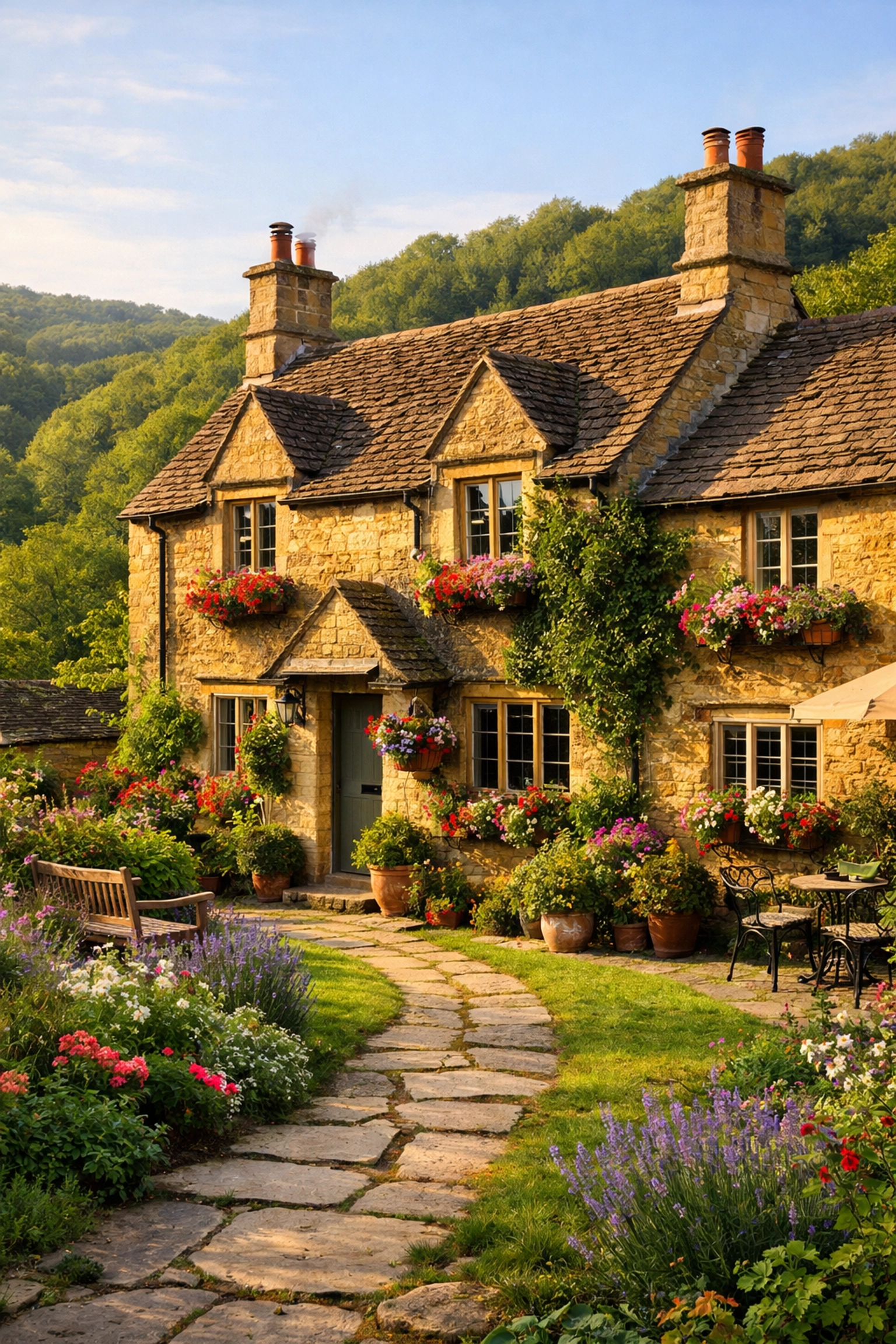 Traditional British stone country house offering comfortable lodging for hikers on a guided tour.