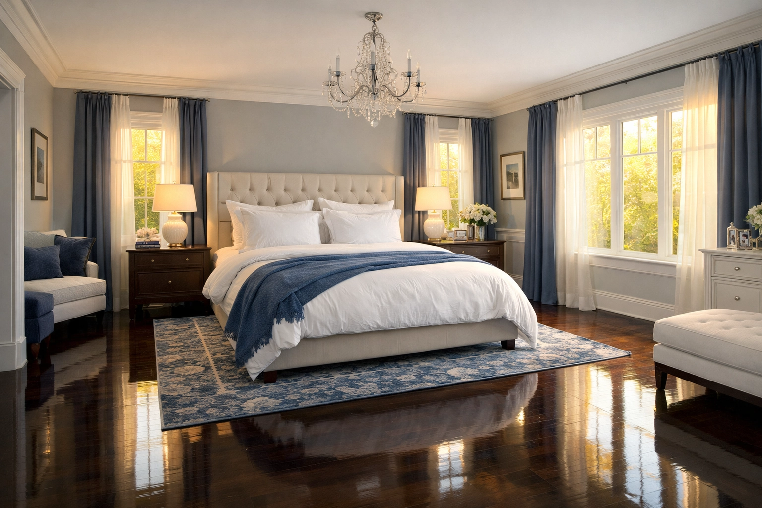 Freshly cleaned bedroom in Wellesley featuring spotless hardwood floors from professional deep cleaning services.