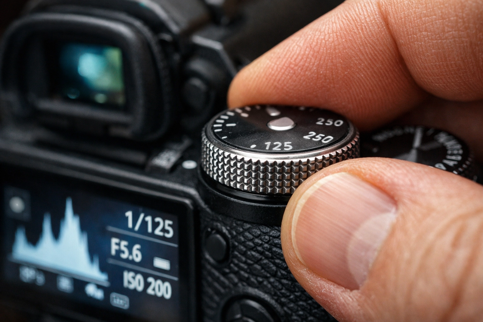 Close-up of a hand adjusting settings on a mirrorless camera to master manual mode photography.