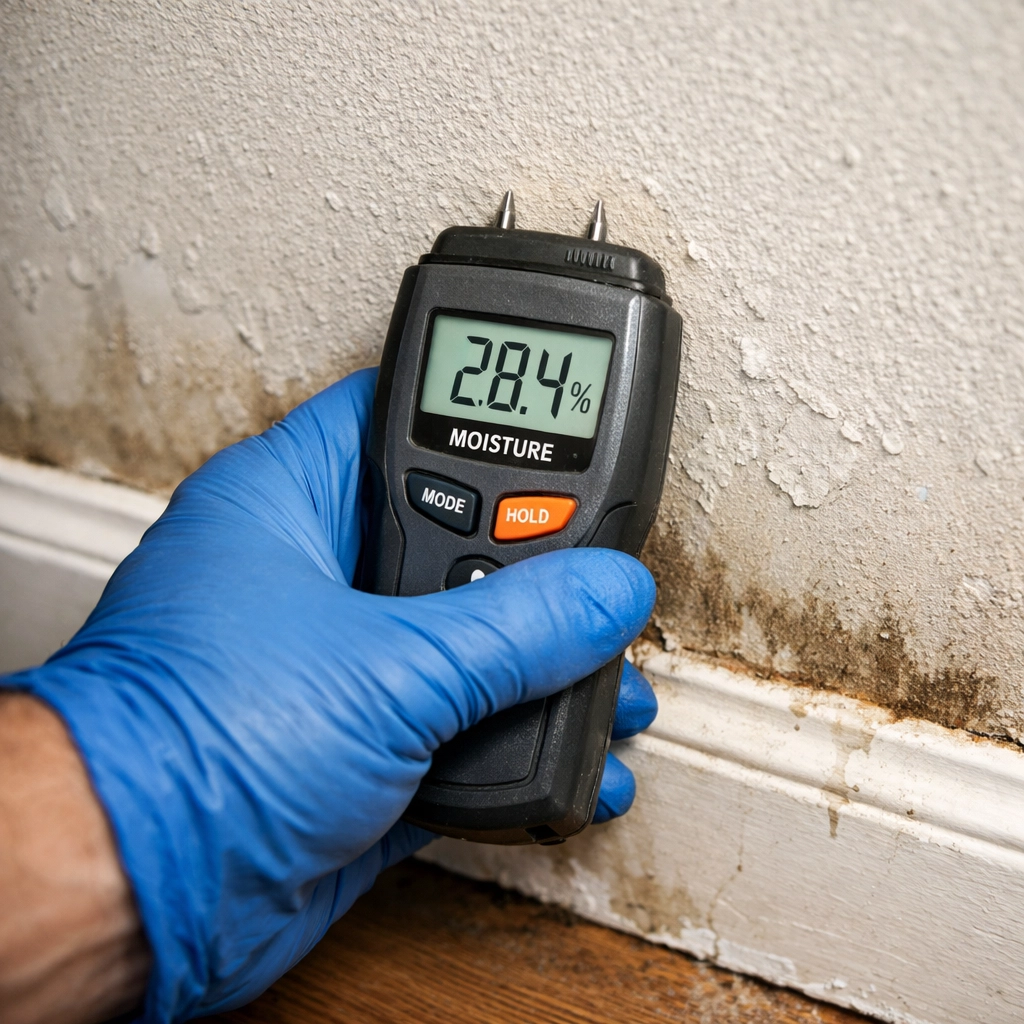 Moisture meter used by an expert to assess interior wall damage for storm damage repair in Tuscaloosa.