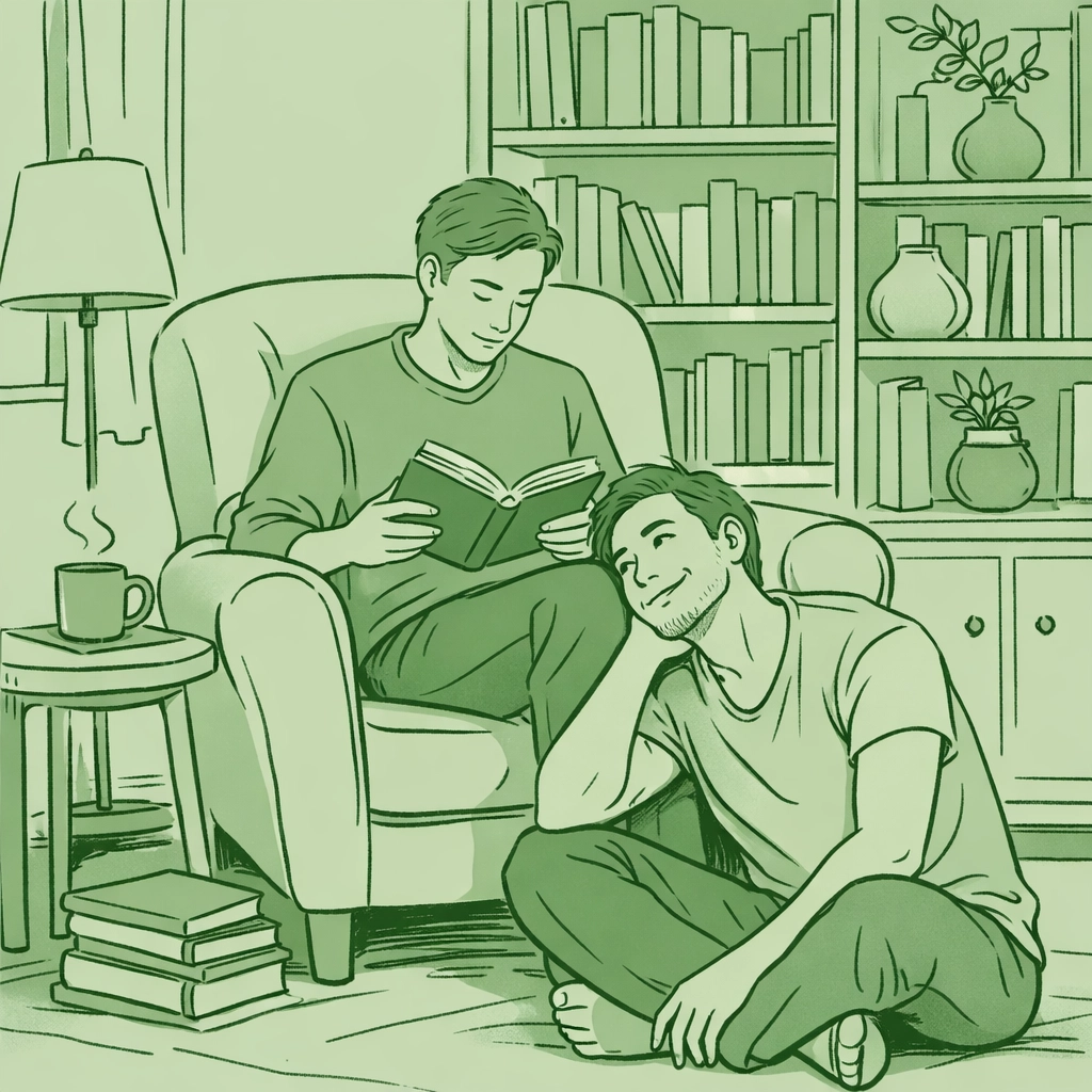 Intimate MM couple reading LGBTQ+ ebooks in a cozy library, celebrating the joy of reading with pride.