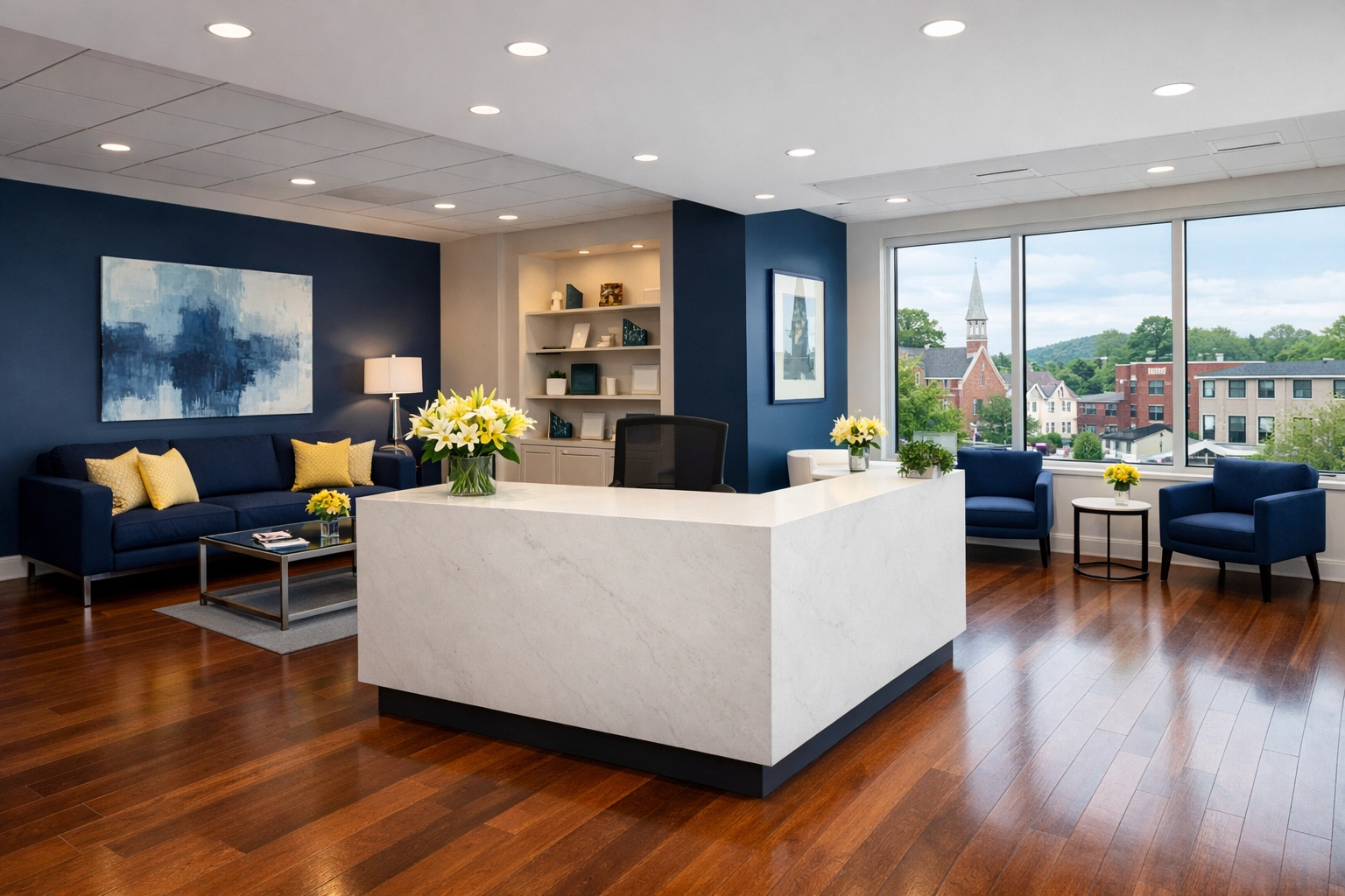 Modern office reception area in Spencer MA featuring spotless hardwood floors and a clean white desk.