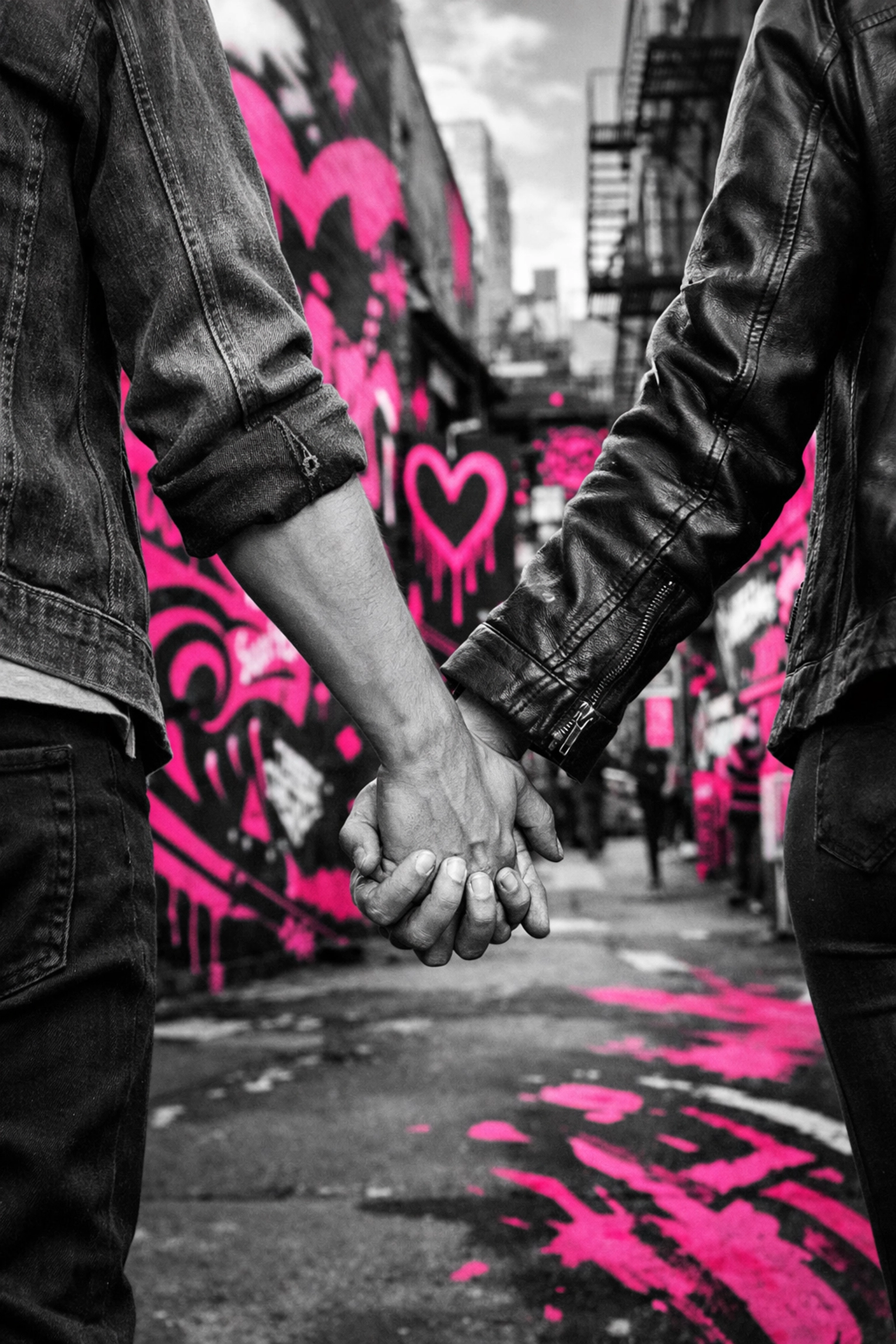 Married couple holding hands walking through city showing connection and partnership