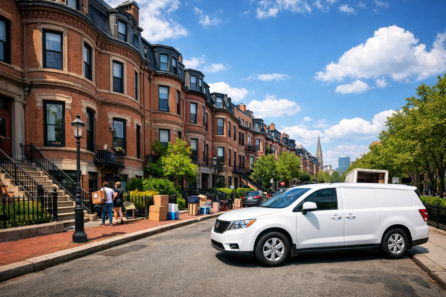 Professional cleaning vehicle parked by Boston brownstones during a busy apartment turnover.