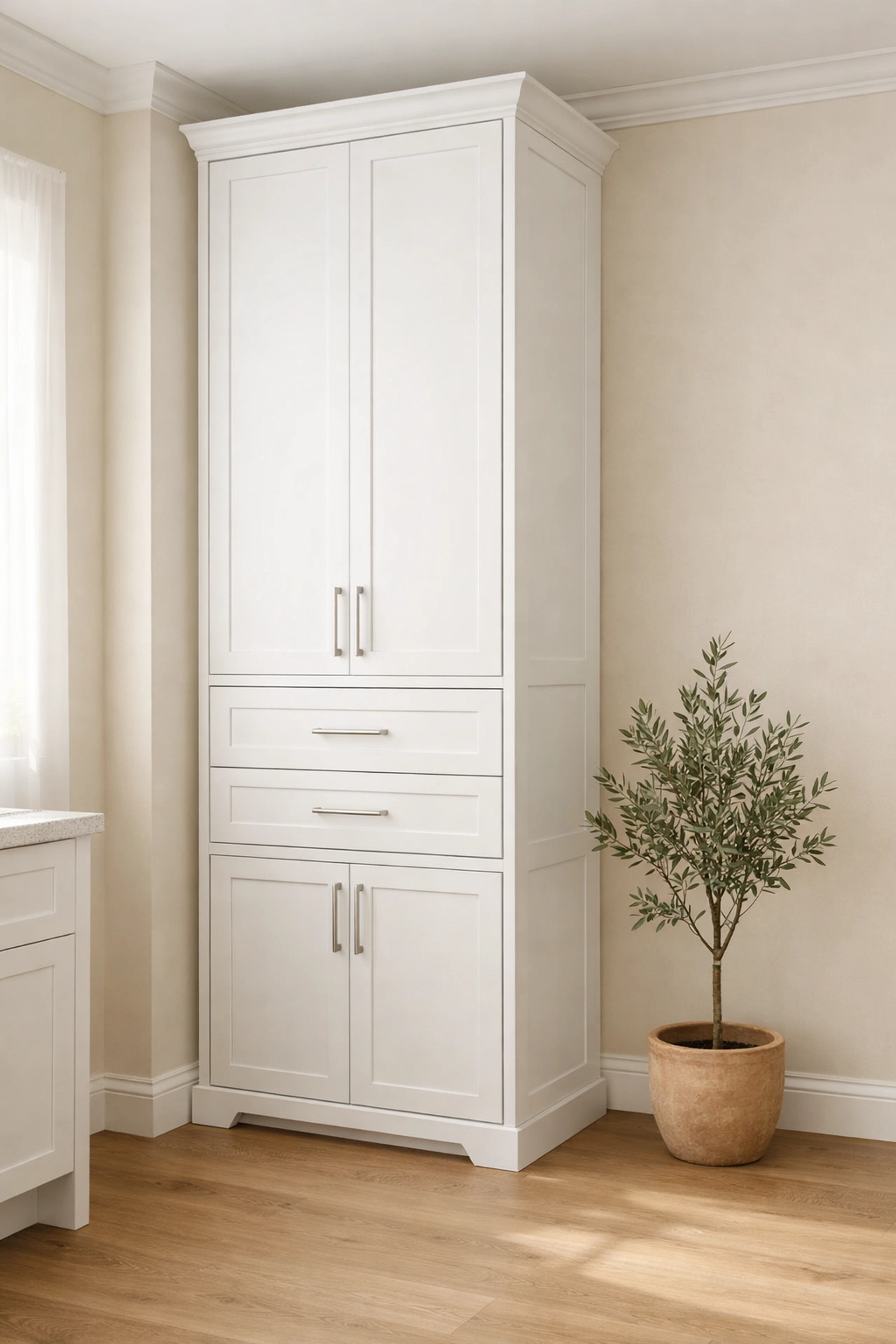 Sleek white freestanding kitchen pantry cabinet in a bright modern corner mimicking built-in storage.