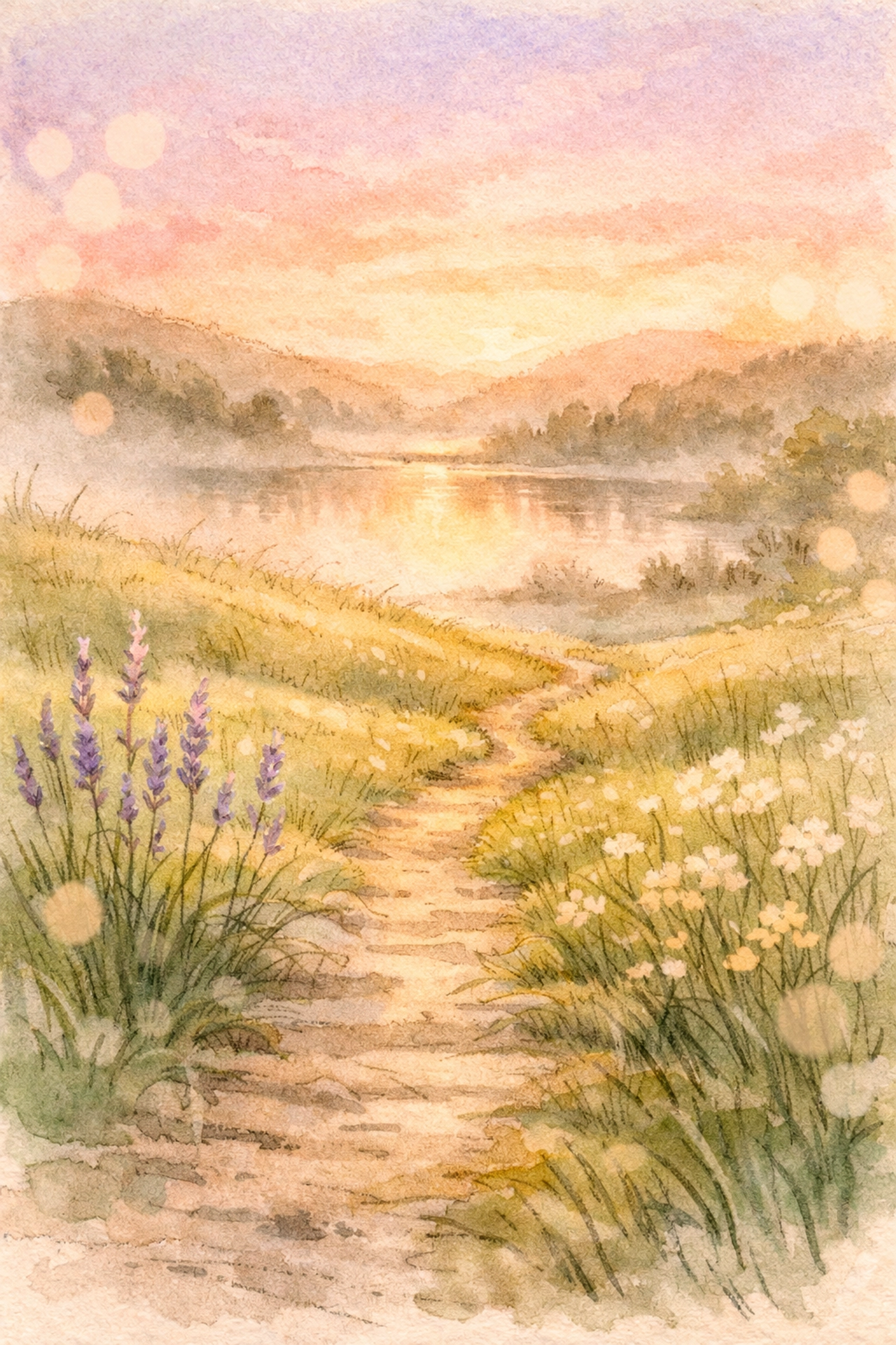 Peaceful green pasture with path leading to still waters reflecting Psalm 23 shepherd's rest