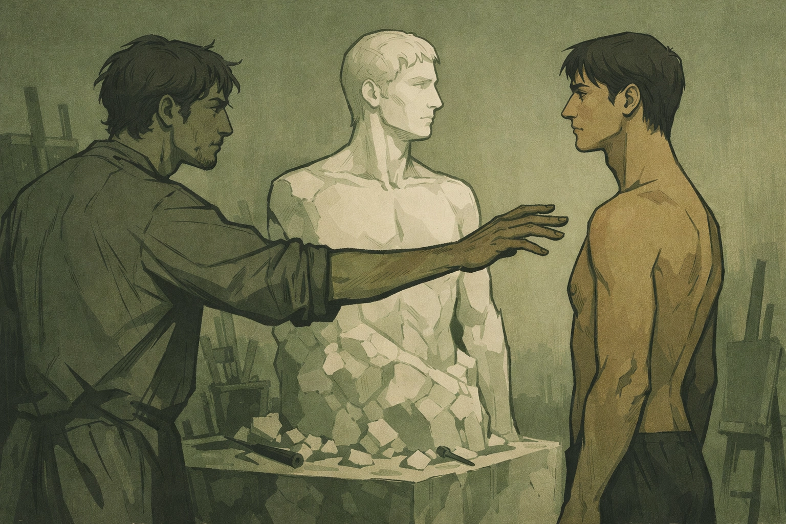 MM romance scene: sculptor reaching for model beside unfinished marble sculpture in artist's studio